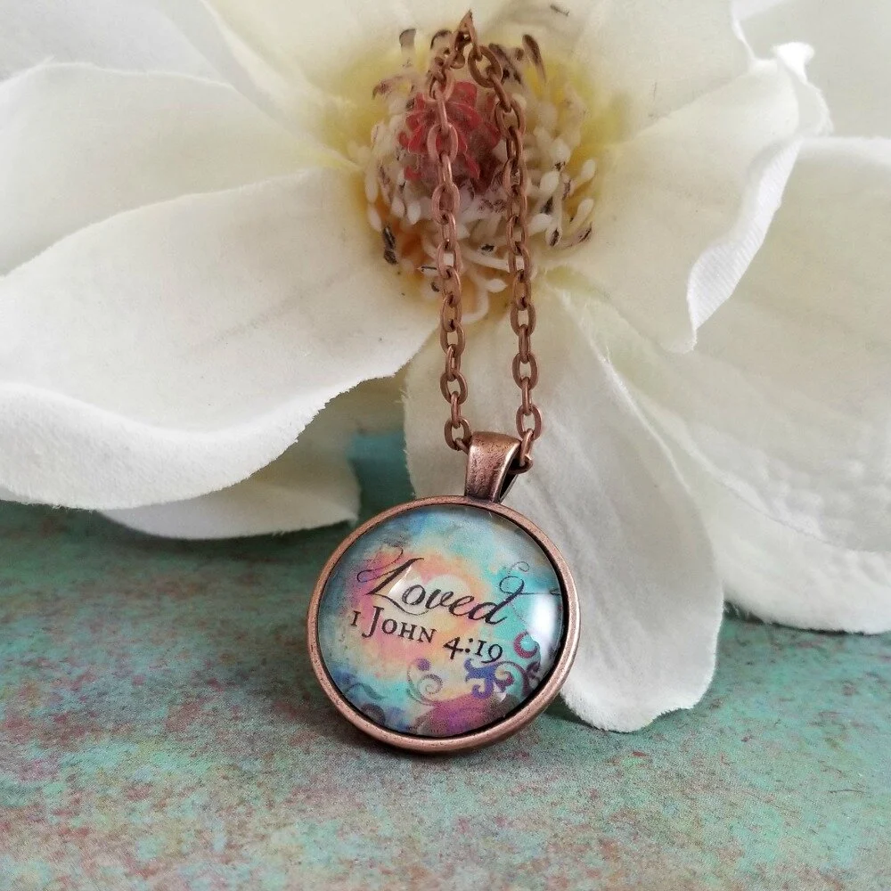 Glass Pendant Necklace Inspirational 1 John 4:19 Bible Verse Glass Pendant Necklace Inspirational 1 John 4:19 Bible Verse