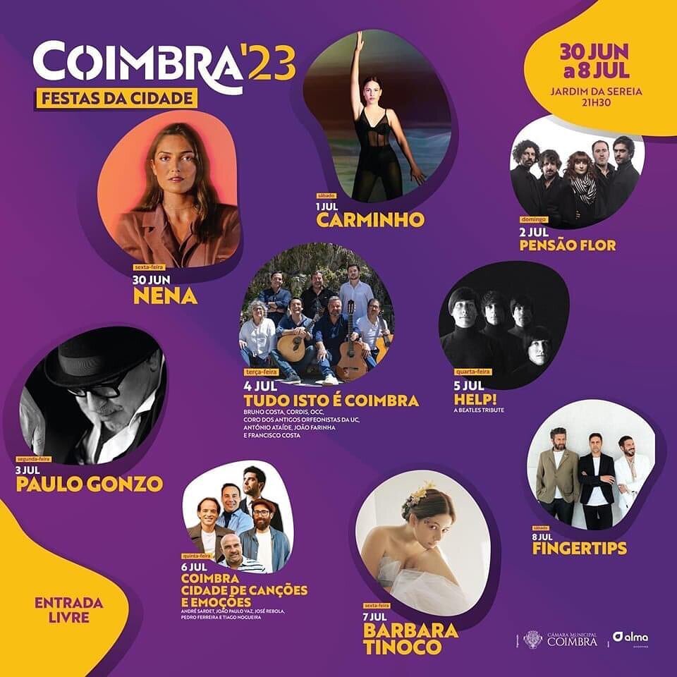 As Festas da Cidade de Coimbra 2023 v&atilde;o realizar-se de 30 de junho a 8 de julho no Jardim da Sereia. 

S&atilde;o nove dias, nove concertos, mais de uma centena de m&uacute;sicos de Coimbra, cinco grandes nomes da m&uacute;sica nacional e, ain