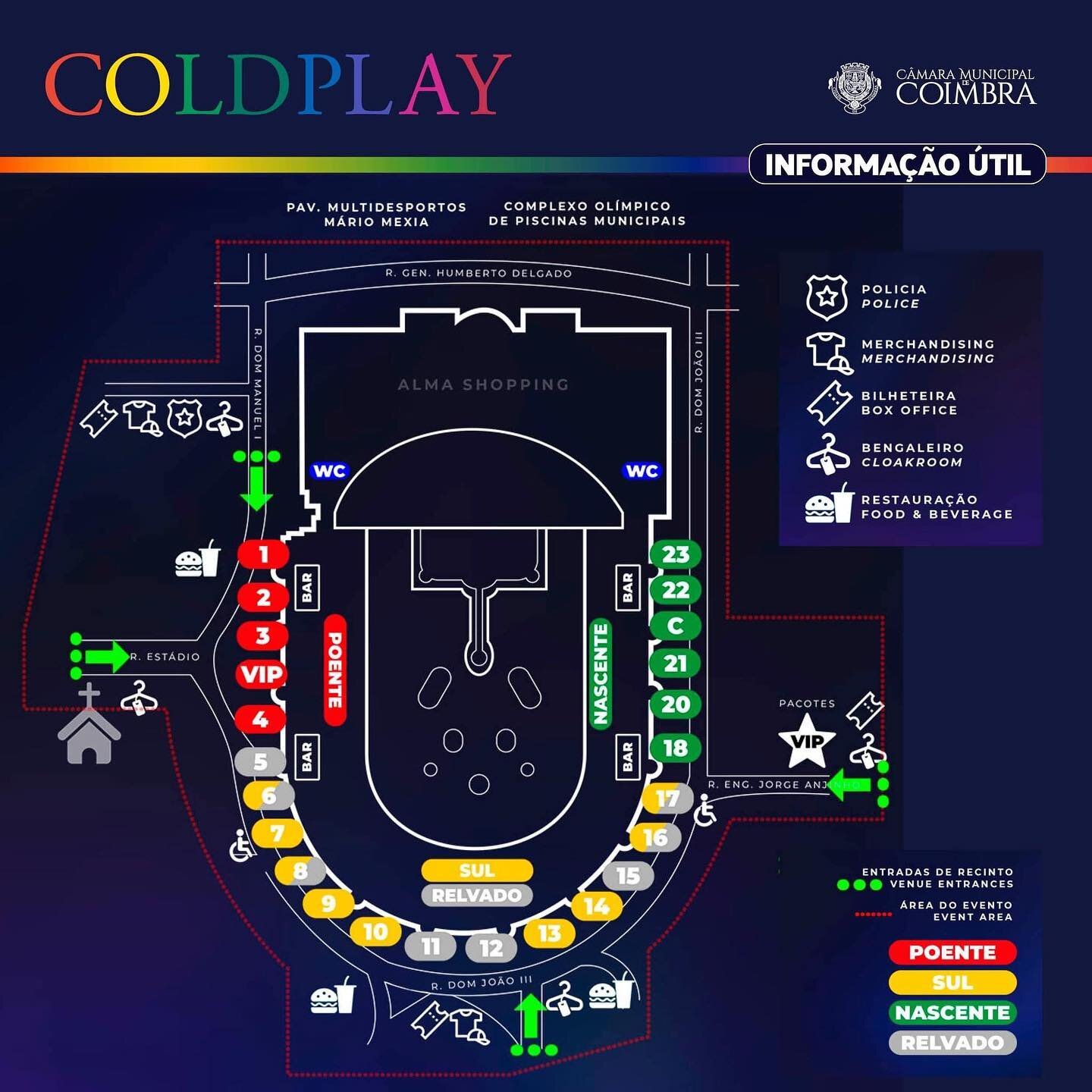 𝗩𝗮𝗶 𝘃𝗲𝗿 𝗼𝘀 𝗖𝗼𝗹𝗱𝗽𝗹𝗮𝘆? 🎤🎸🥳

Saiba todas as informa&ccedil;&otilde;es que precisa aqui. 👇

🎯 Mapa do recinto, objetos proibidos, hor&aacute;rios, programa, como chegar, FAQs e outras informa&ccedil;&otilde;es em https://bit.ly/42Zfj