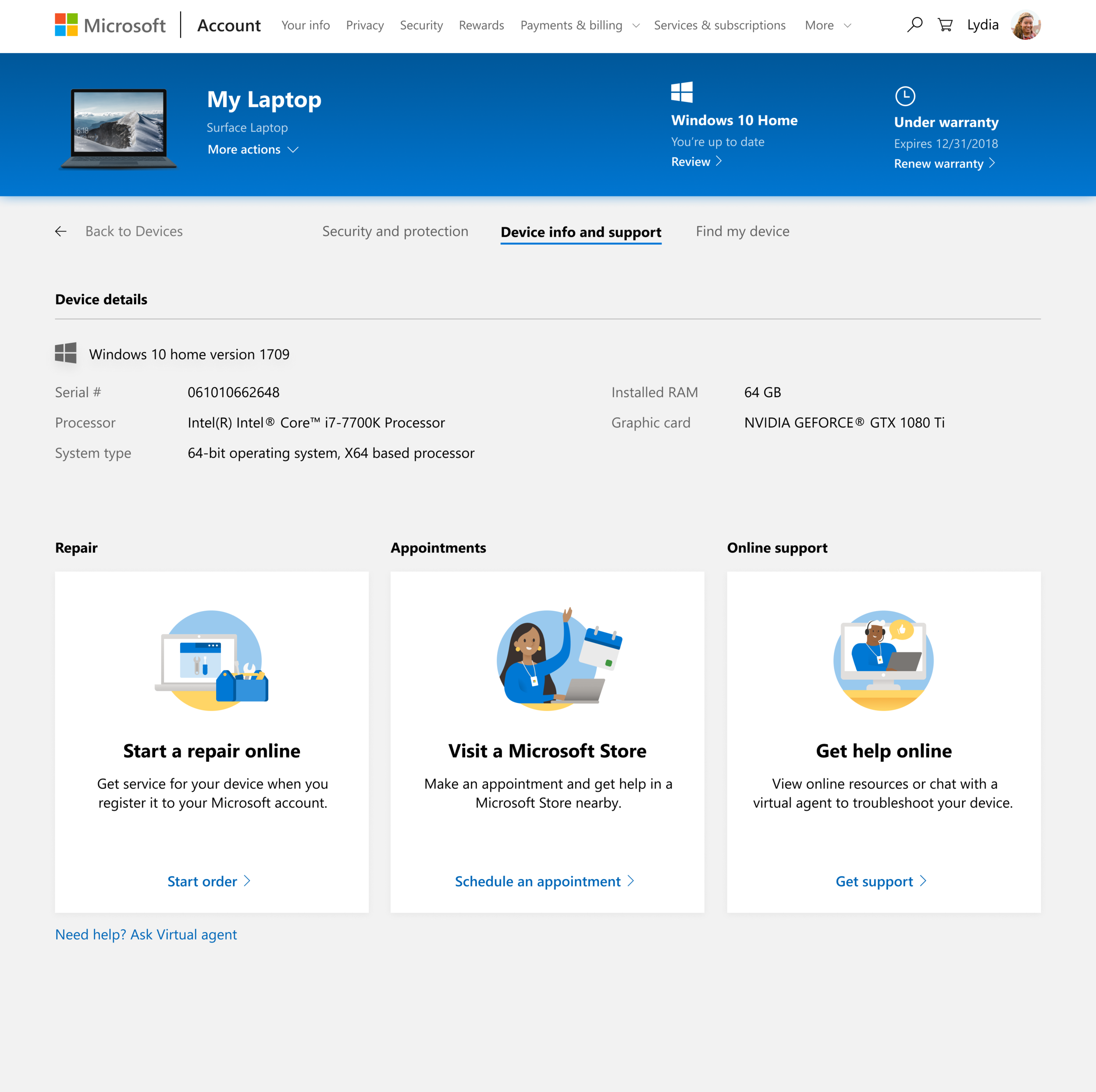 Device details page with added online repair card.