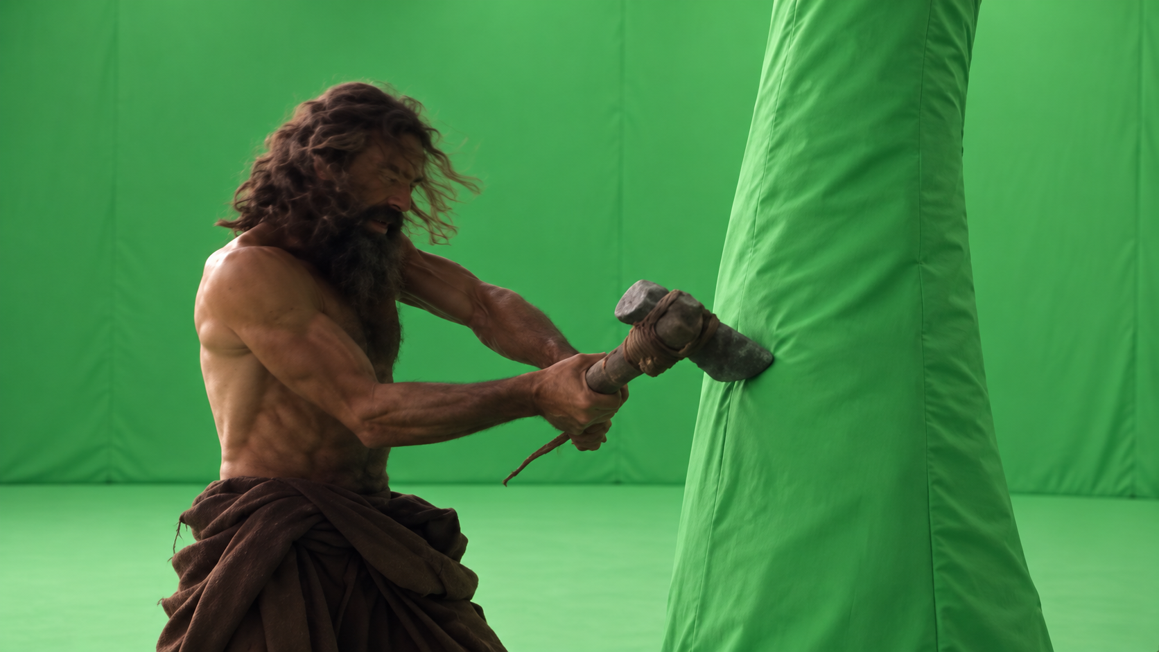 AI-generated chroma setup reference showing the old man with a stone axe beside a wrapped trunk