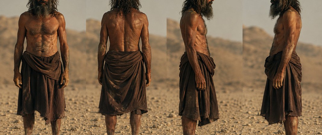 Old man character reference sheet with front, rear and profile views