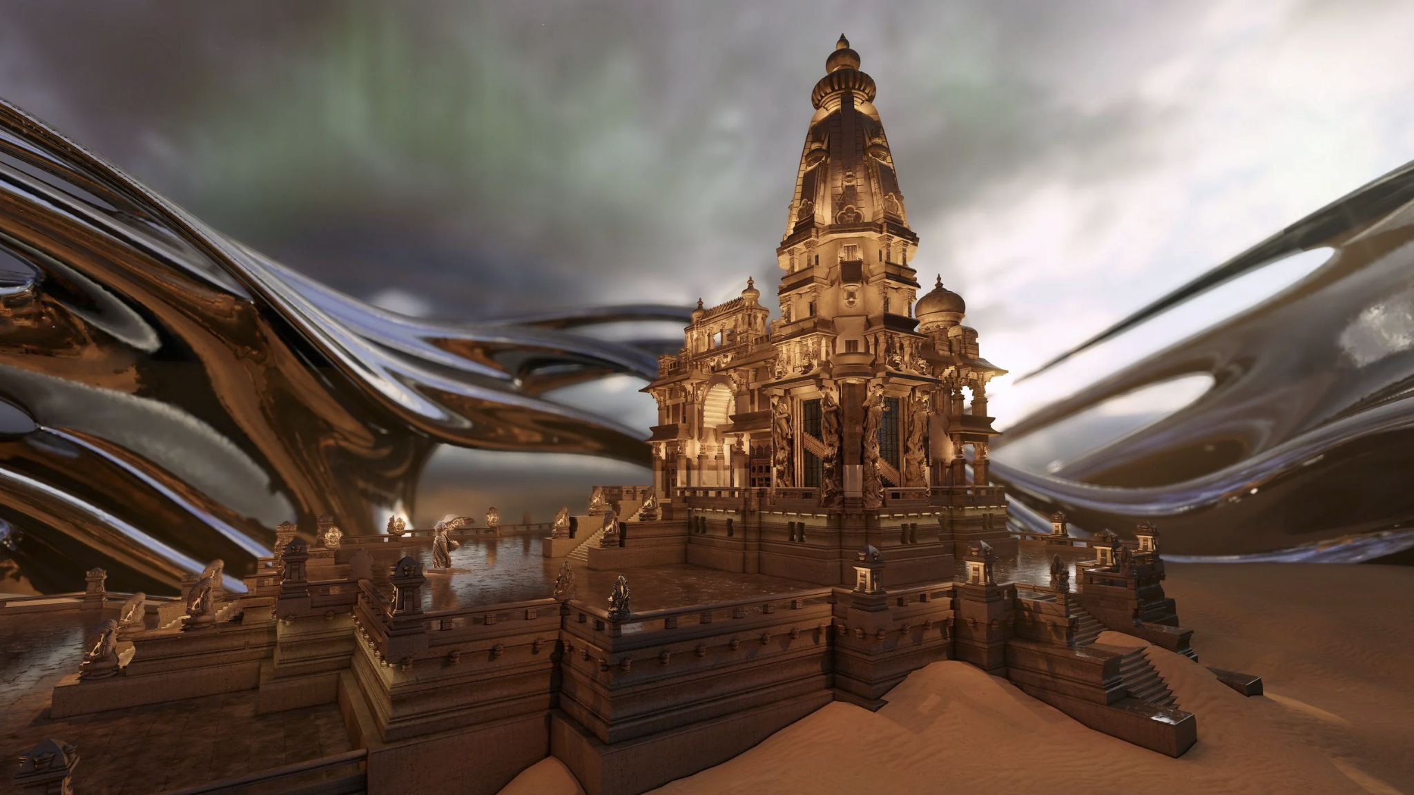 Surreal golden palace surrounded by flowing metallic forms, digital artwork by Peter Obscy