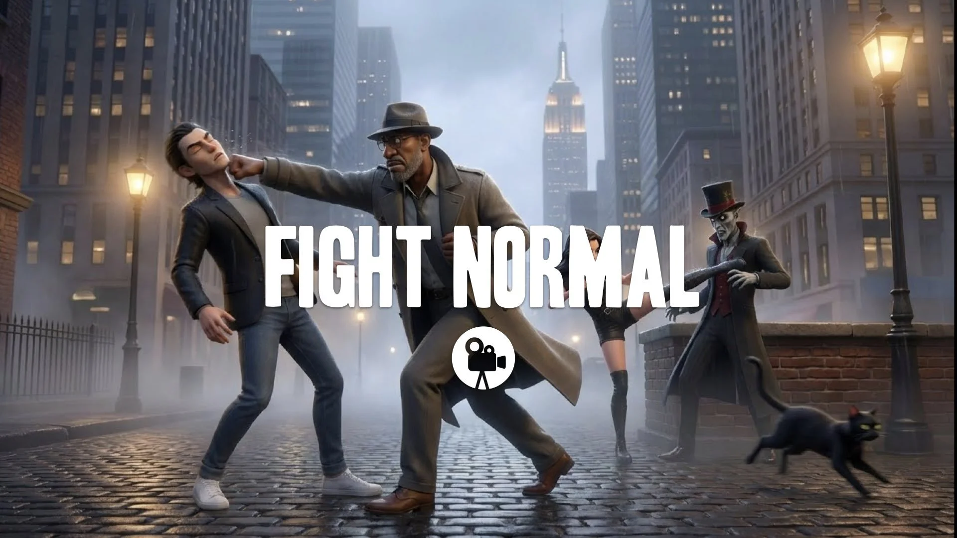 A realistic fight scene in the background you provided, focusing on precise punches and kicks, with a dynamic camera that follows the impact of each blow. No music