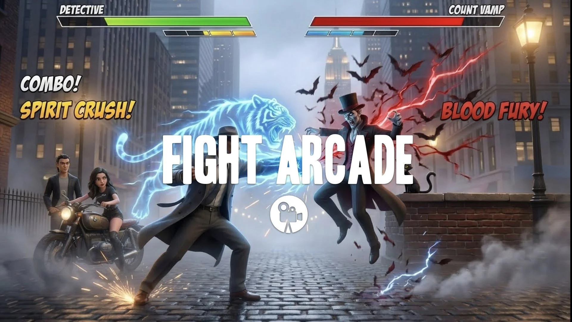 An arcade-style fight in the background you provided, featuring exaggerated special abilities and flashy moves, captured with a fast-paced and constantly moving camera. No music