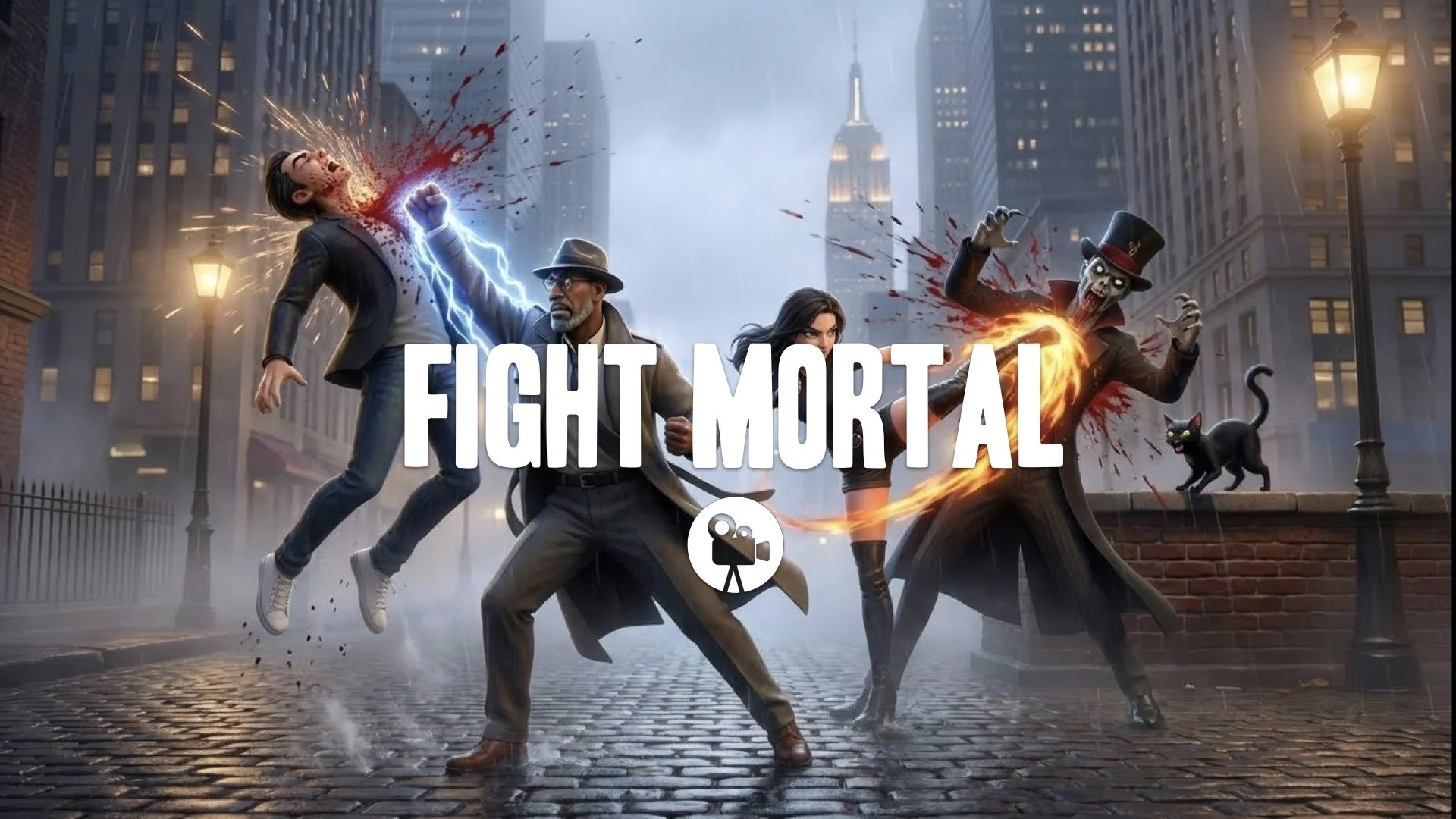 A Mortal Kombat-style fight in the background you provided, complete with graphic impacts and signature moves, filmed with a dynamic camera that heightens the drama. No music