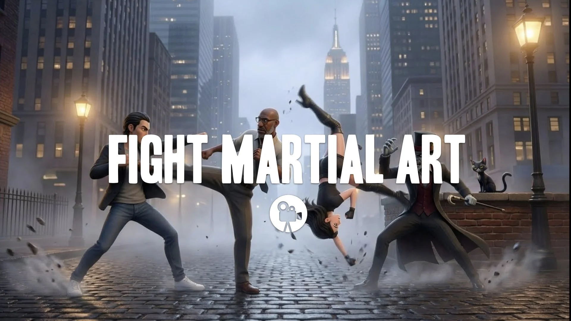 A martial arts style fight in the background you provided, showcasing fluid movements and acrobatic strikes, with a dynamic camera that follows the flow of the combat. No music