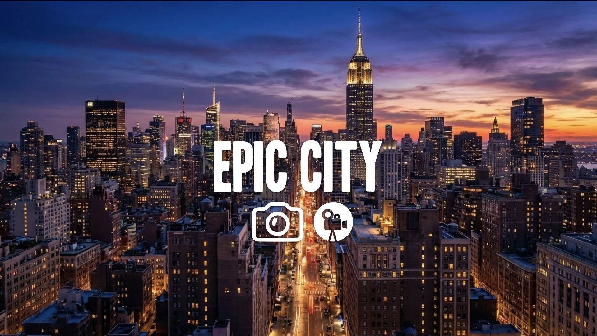 An epic cityscape at dusk, capturing the vibrant lights and imposing buildings, creating a sense of scale. No music