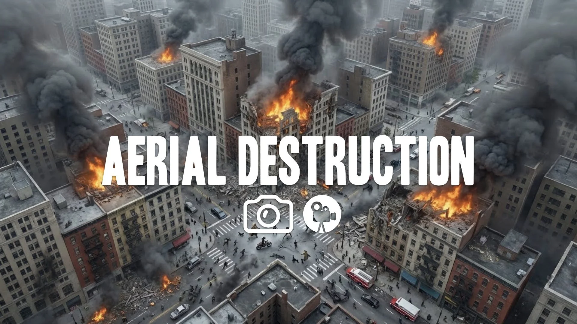 An aerial view of a mass destruction, with smoke rising from burning buildings and tiny figures engaged in a climactic event. No music