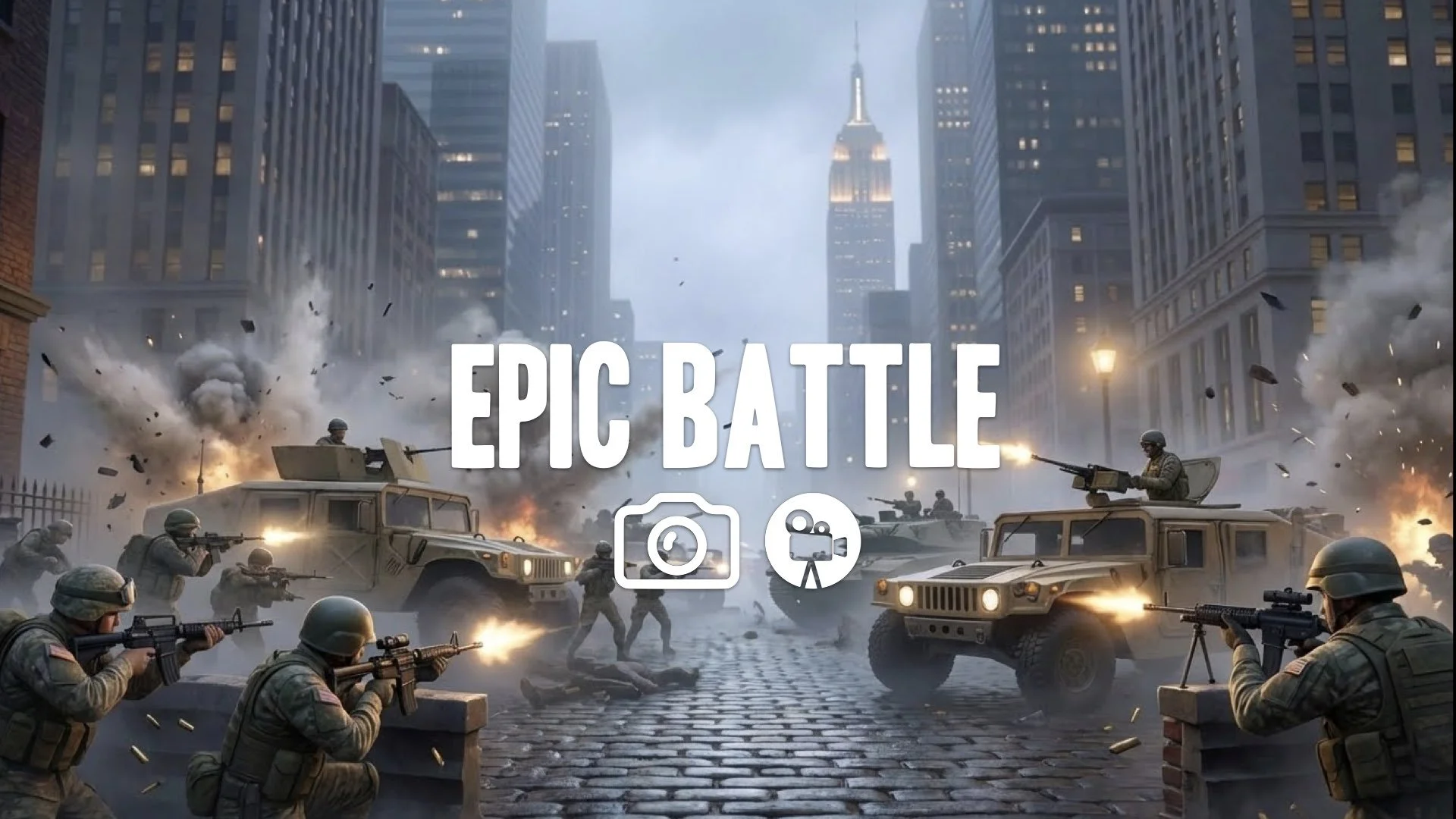 A large-scale battle with soldiers and vehicles clashing, with a chaotic and dynamic camera that captures the scope of the fight. No music