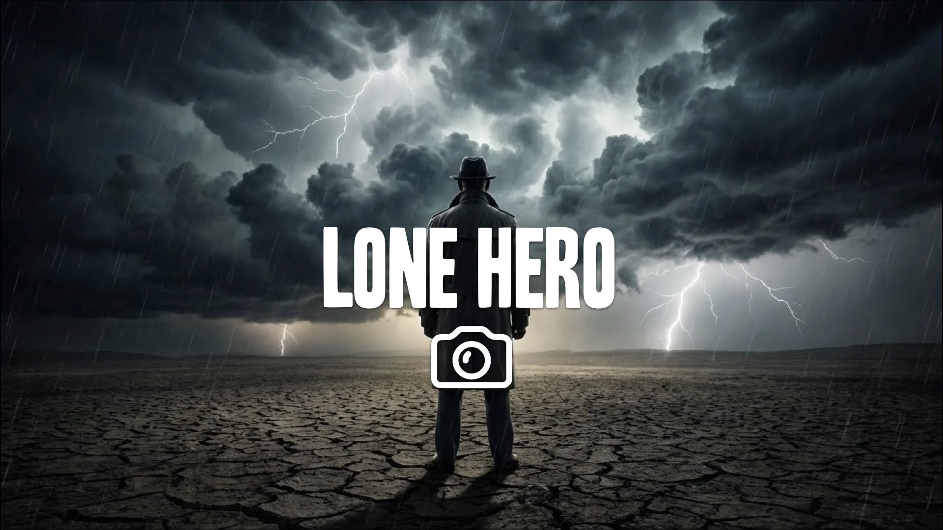 A dark tone image of a desolate landscape with a lone character standing against the backdrop of a stormy sky. Let me know if you need any modifications.