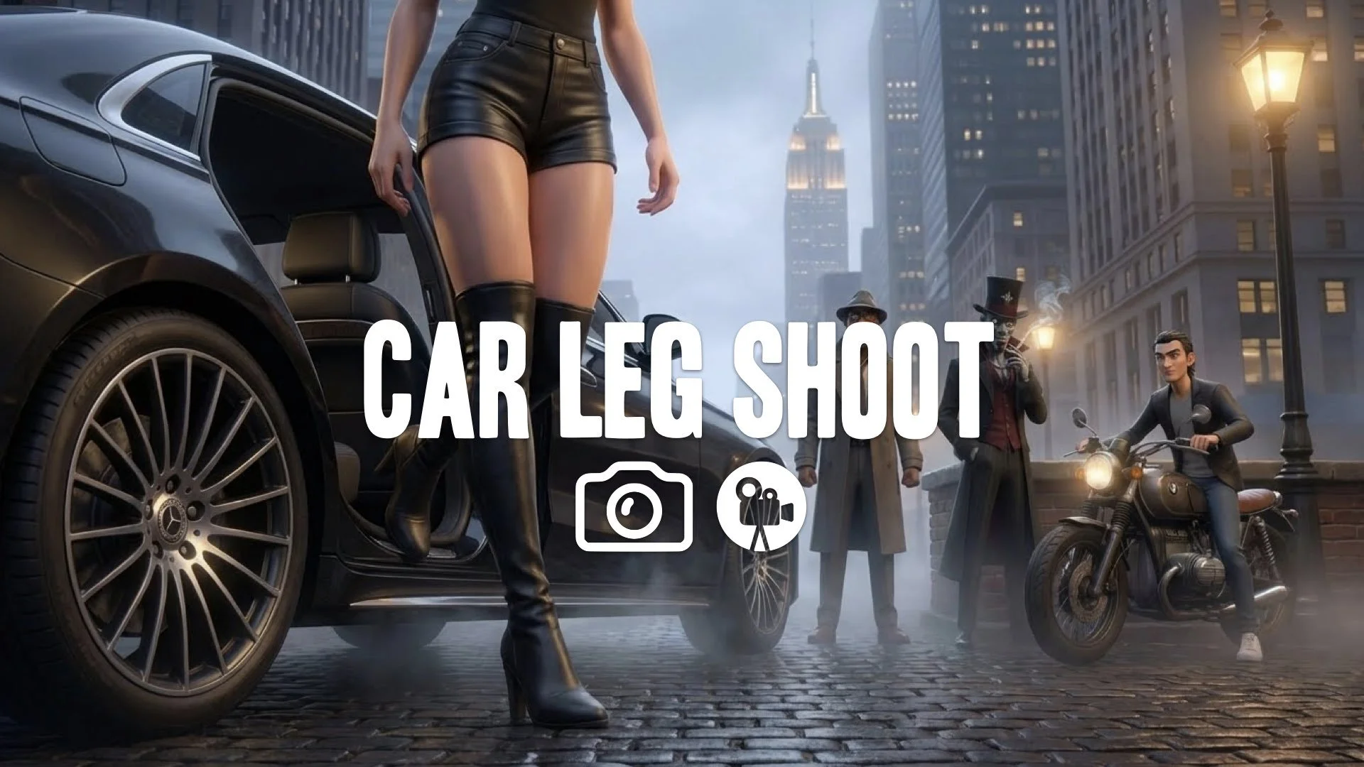 A dramatic low angle shot capturing the powerful legs of a woman elegantly emerging from a sleek vehicle. No music