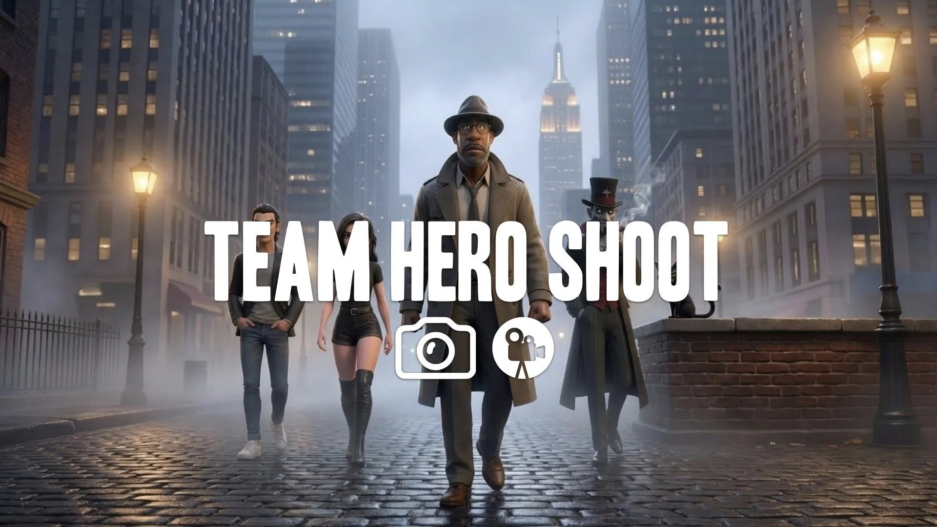 A wide angle shot of the characters strong figures walking toward you from the distance, their specific features and clothing making them unique. Slow motion No music