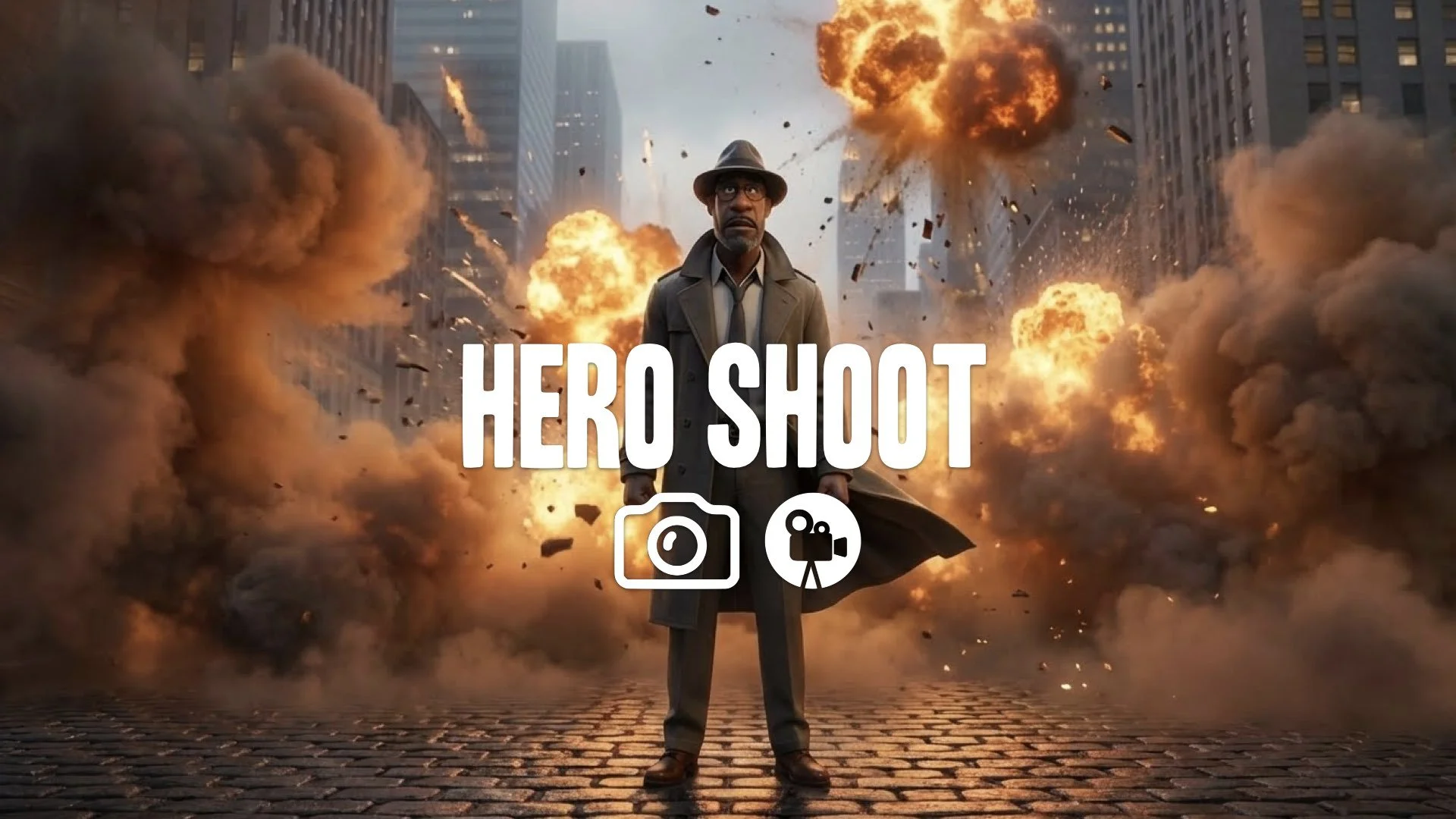 A heroic figure, resembling the person in your image, standing against the backdrop of chaos, with explosions and smoke, captured with a wide, majestic camera angle. No music