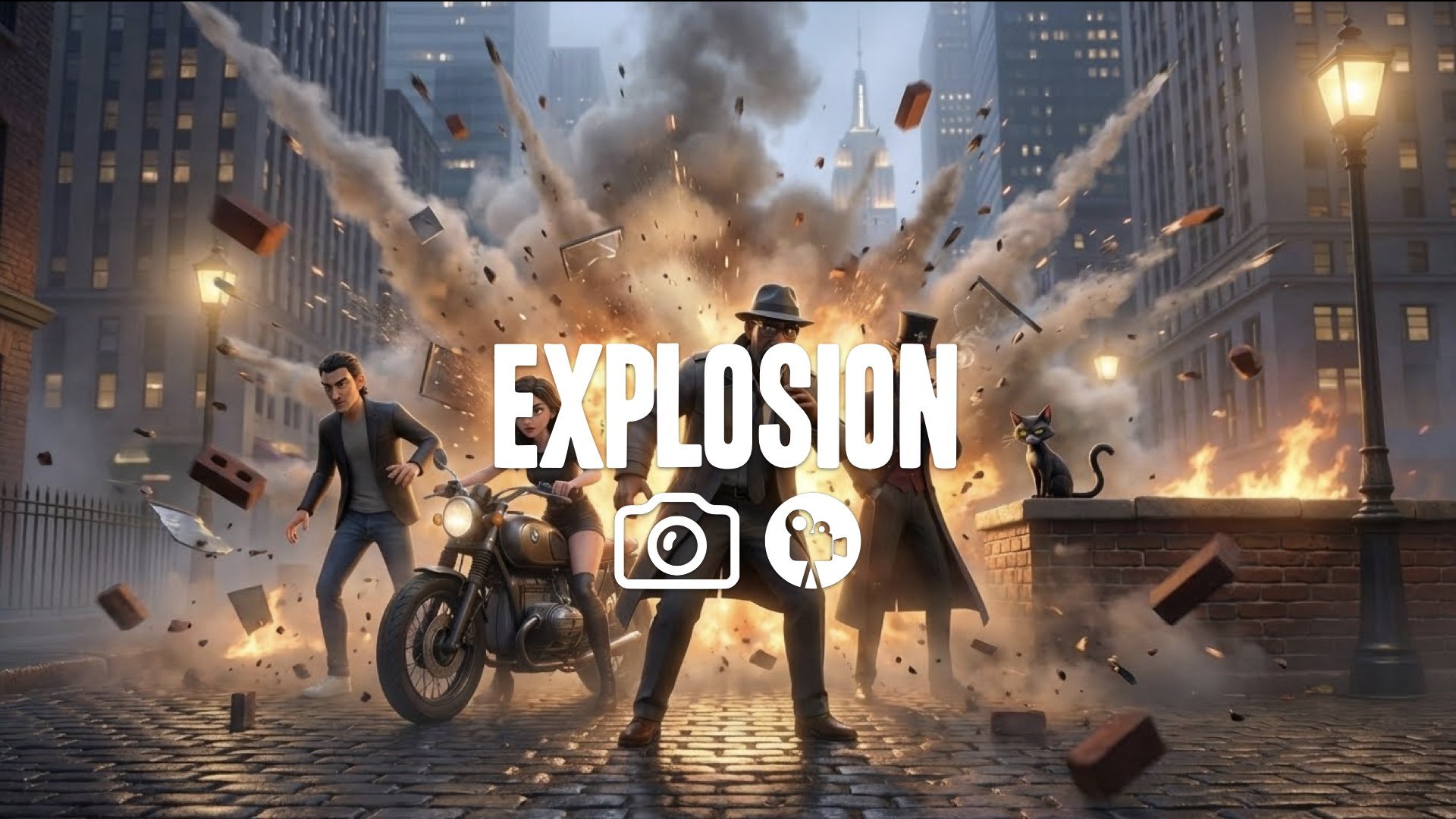 A dramatic explosion erupting from the central focus of your image, with debris flying in every direction, captured with a sweeping, dynamic camera angle. No music