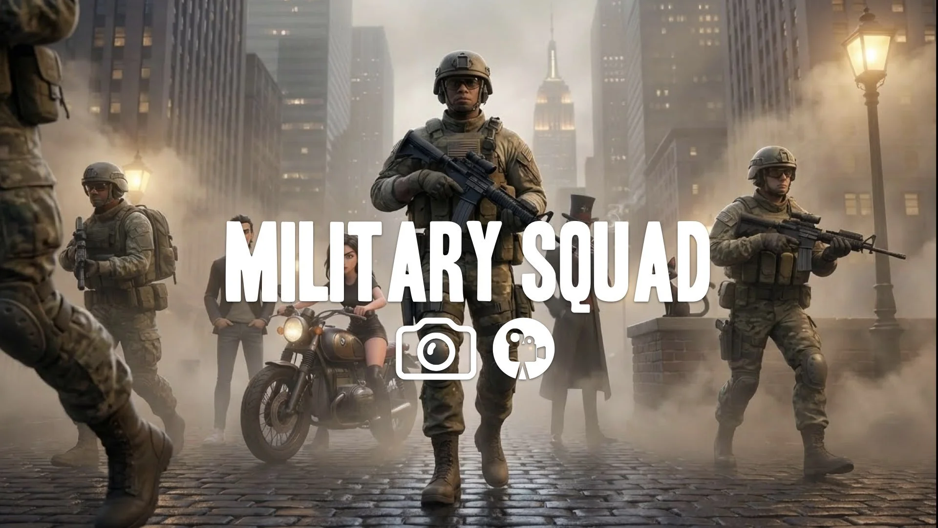 A military squad advancing through the scene in your image, with dust and smoke billowing around them, captured with a low-angle camera that conveys the scale. No music