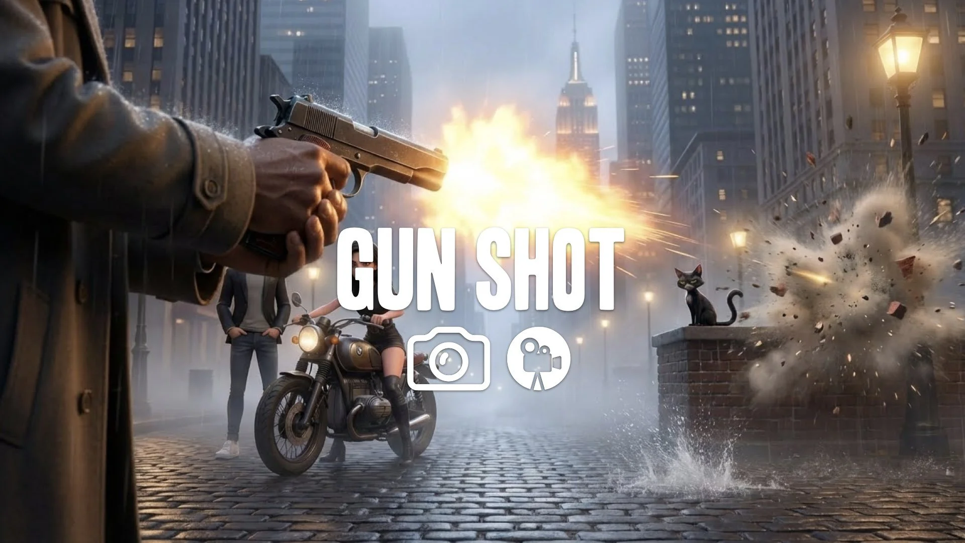 A close-up shot of a weapon firing with intense muzzle flash and realistic impact in the background of your image. No music