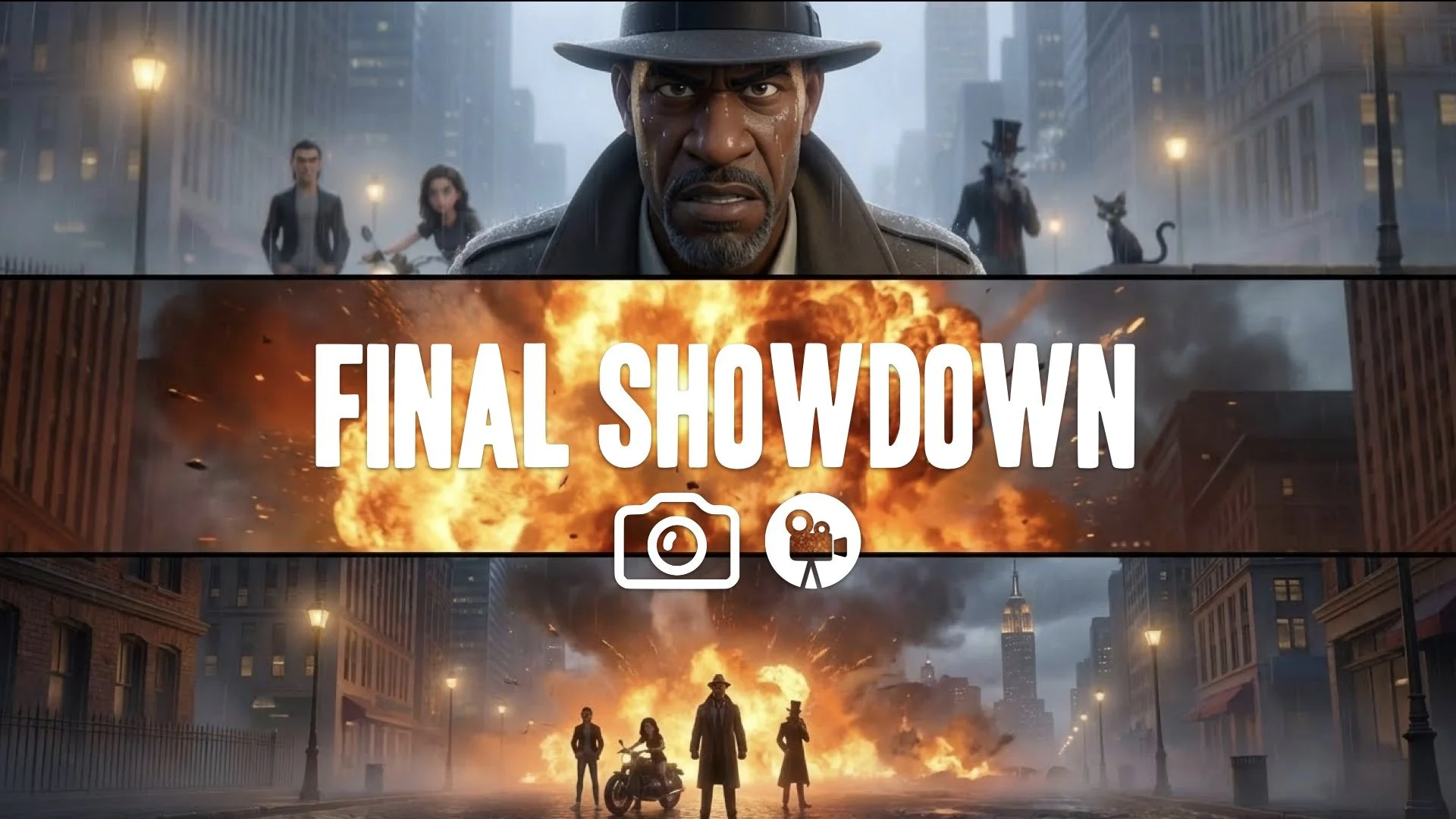 A final climactic showdown in the style of your image, with an intense close-up on the main character before a massive explosion and a sweeping camera that zooms out. No music