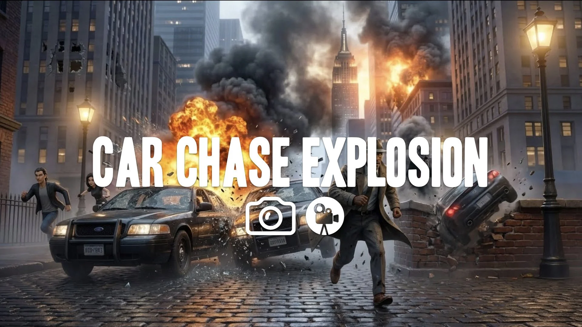 A realistic depiction of a car chase in a city street, with explosions, shattered windows, and heavy smoke. NO MUSIC