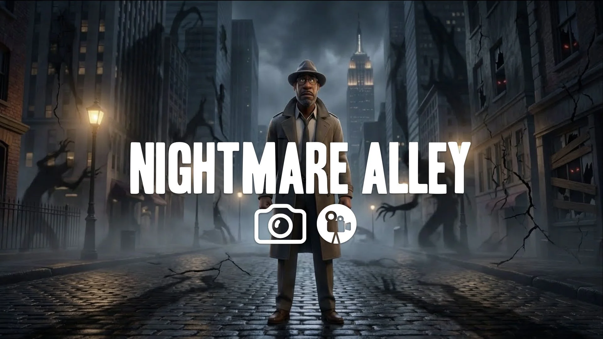 “Transform this image into a horror scene. Keep the character and the original style. Add unsettling shadows, dim lights, and a feeling of something watching from the darkness. No music.”