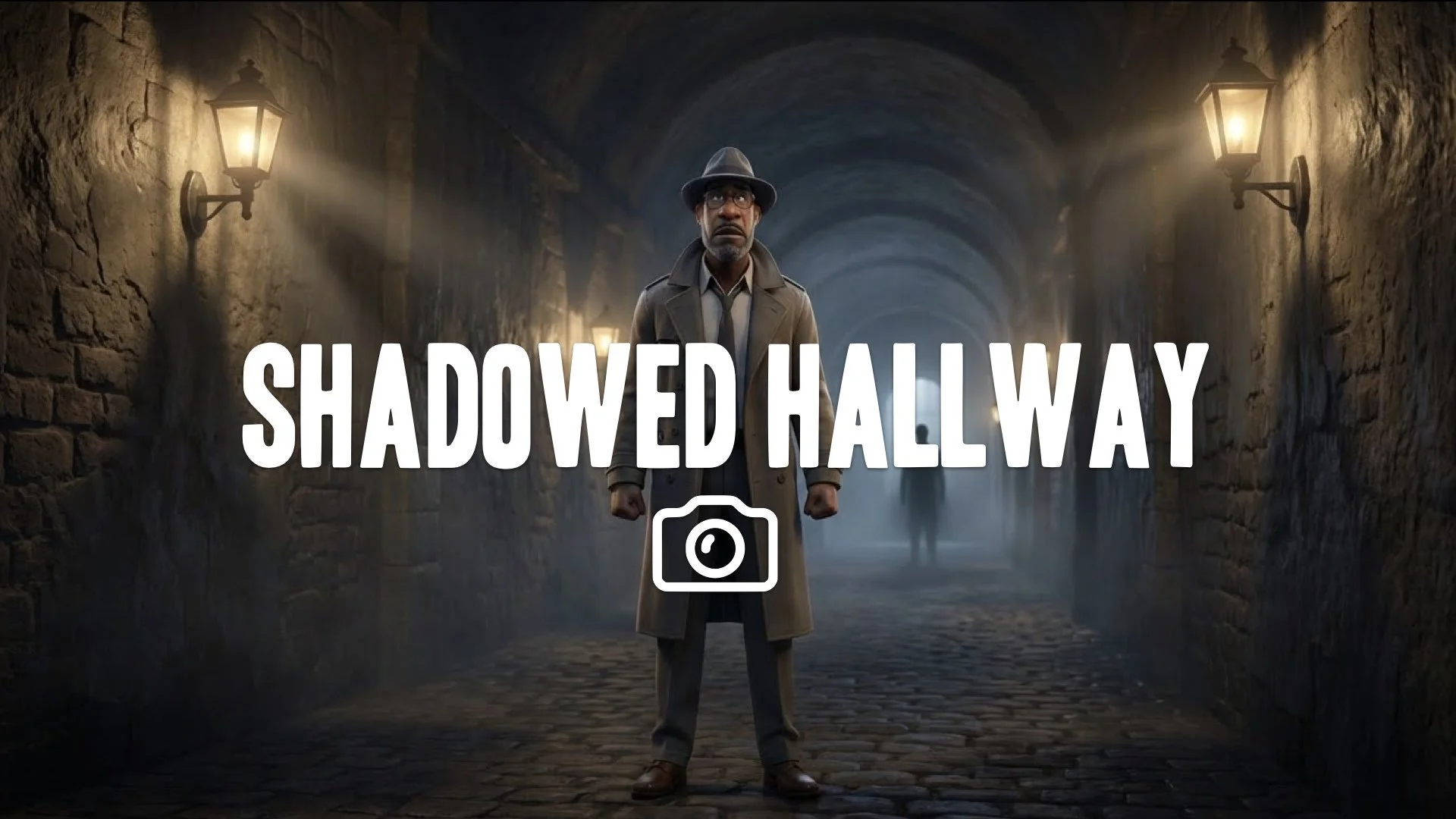 “Keep the character and style. Place them in a long corridor with a subtle silhouette far behind them, barely visible. No music”