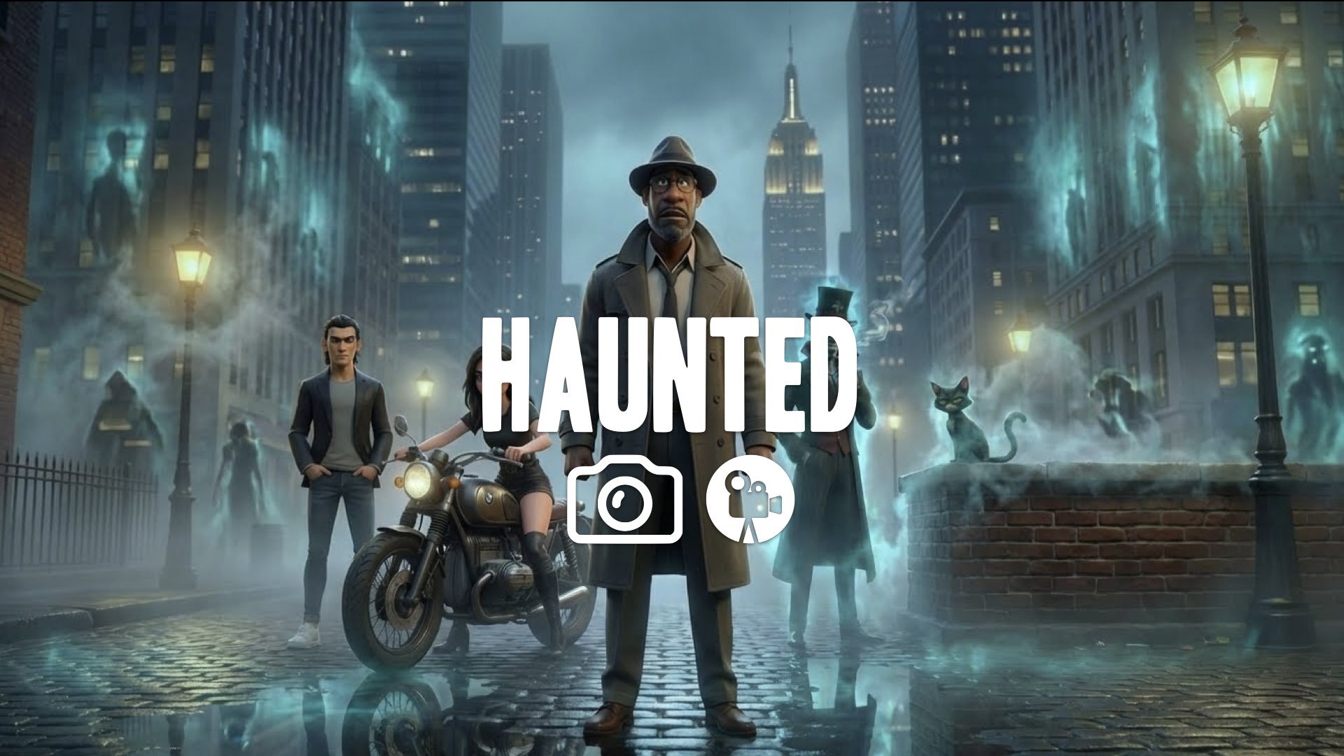 “Keep the character and style. Add ghostly ambience: drifting dust, faint glows, and unsettling reflections. No music”