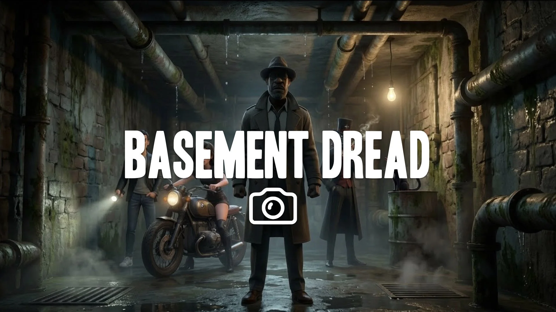 “Keep the character and style. Set the scene in a dim, damp basement with pipes, wet concrete, and heavy shadows. No music”