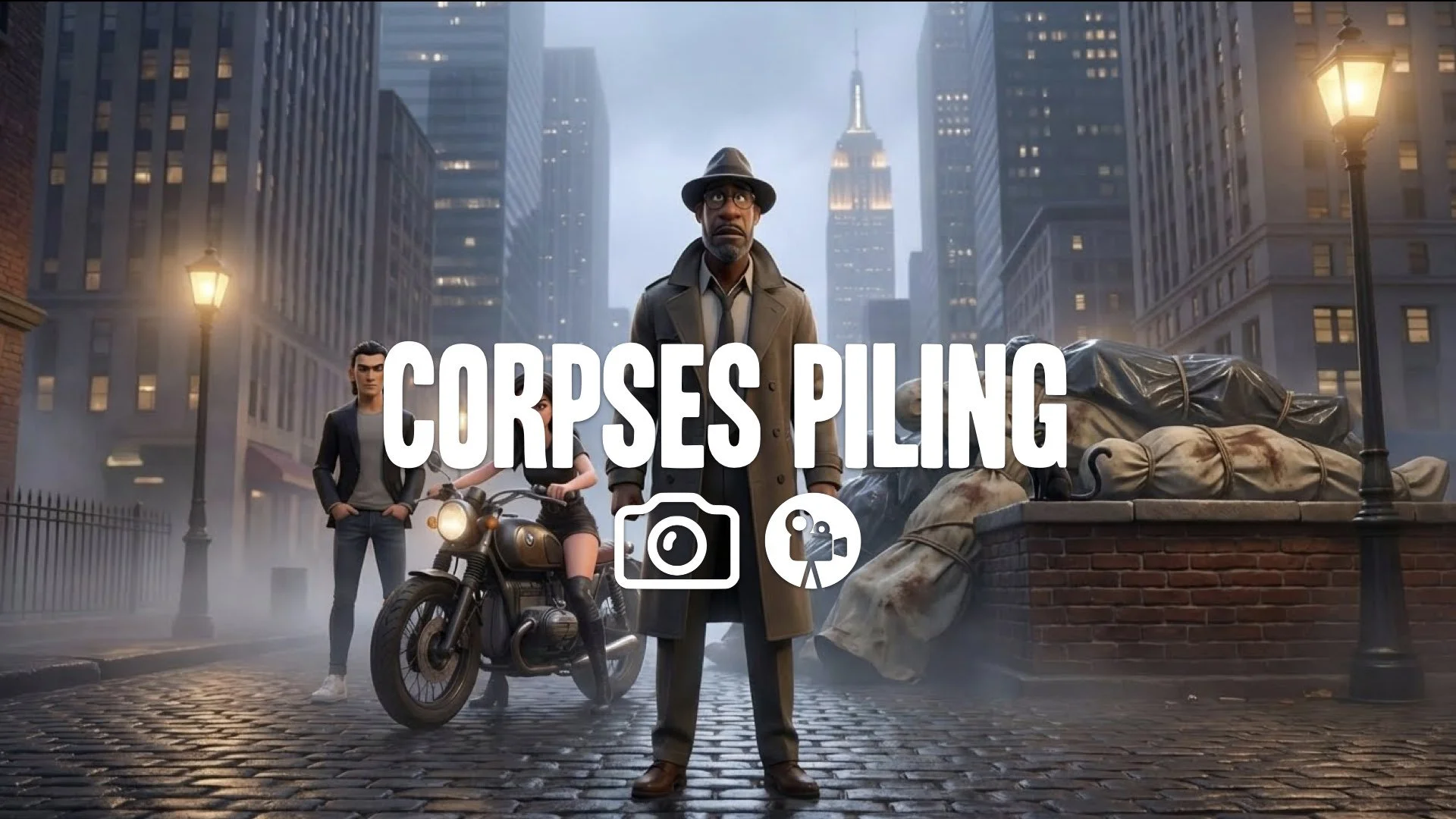 “Keep the character and the original style. Add several human-shaped forms wrapped in old sheets or plastic, stacked in the background. Their outlines should clearly hint at limbs and heads without sh