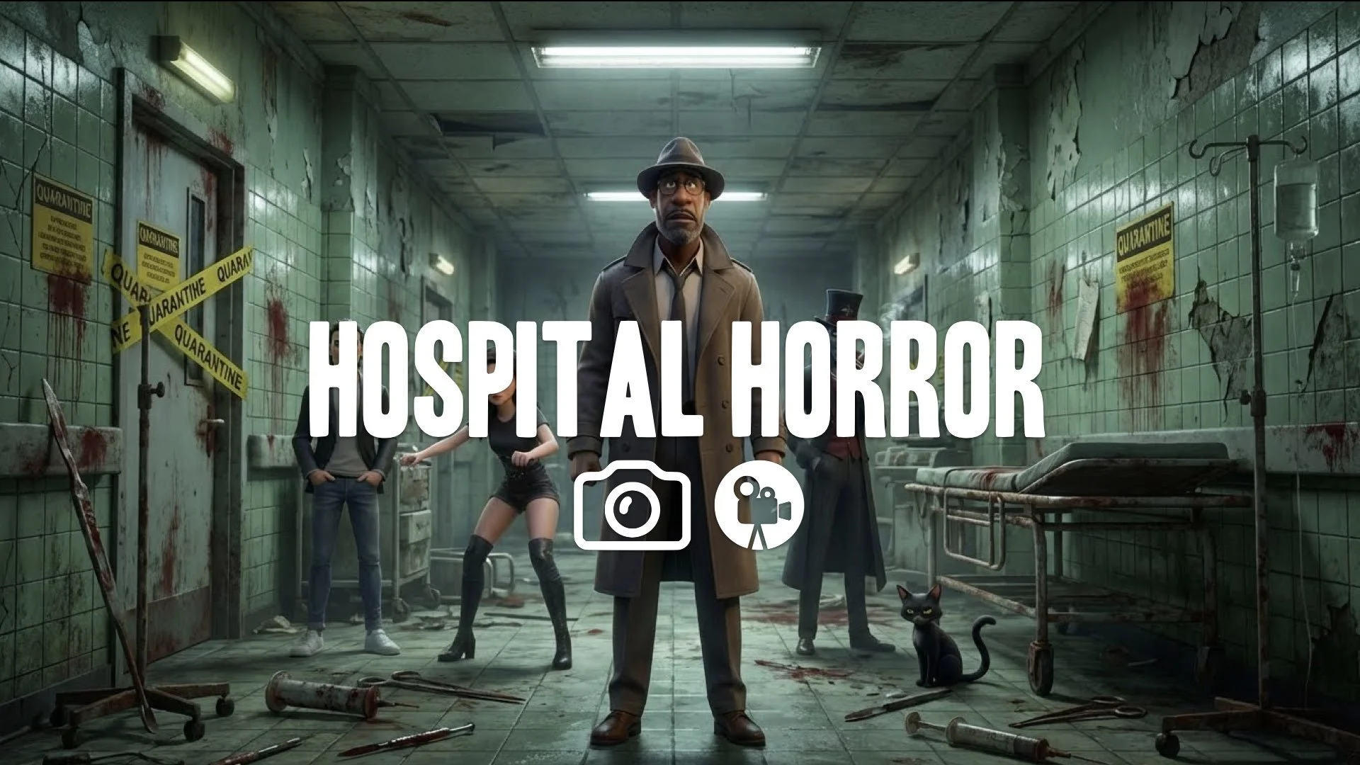 “Keep the character and the original style. Turn the environment into a rotting, abandoned hospital with rusty equipment, cracked tiles, blood stains, and quarantine signs. Add unsettling medical tool
