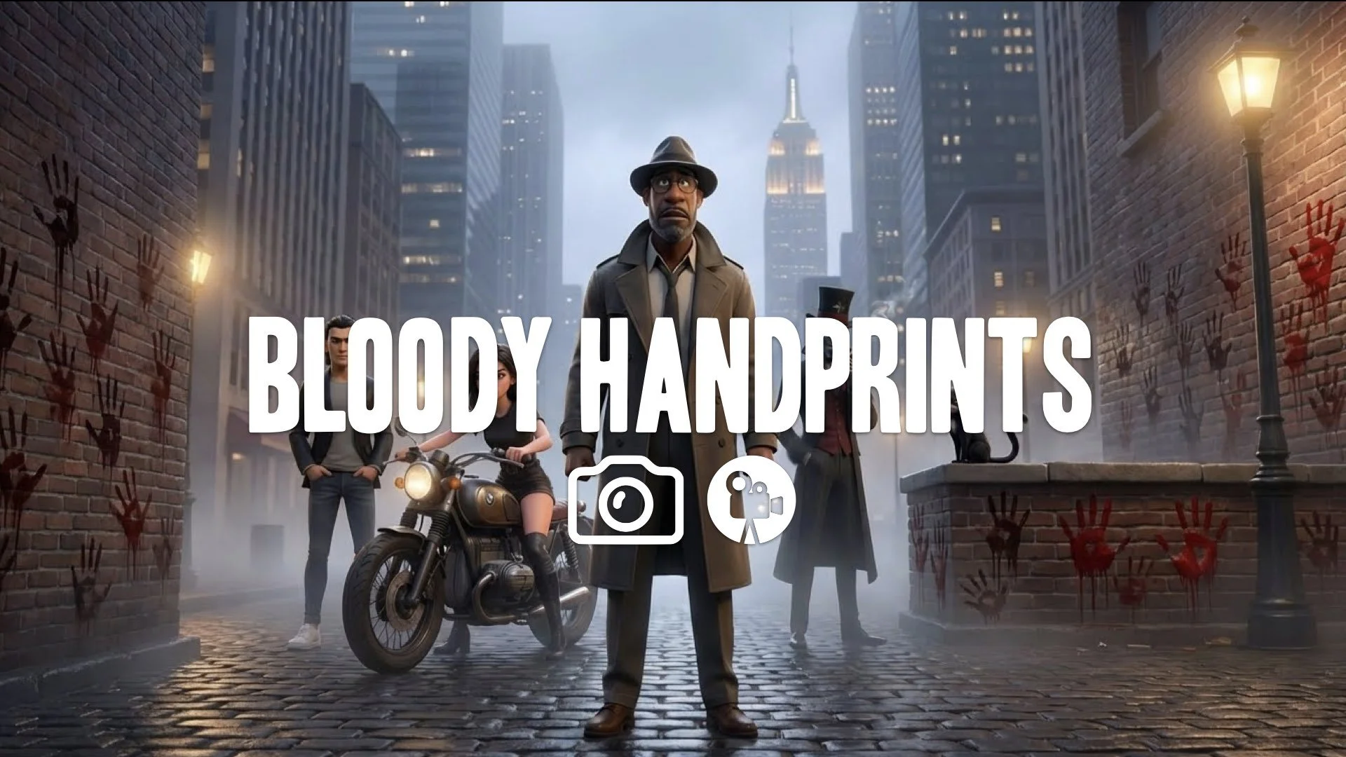 “Keep the character and the original style. Add dozens of frantic handprints in dried and fresh blood across the walls, some small, some large, as if many people tried to escape. No music.”