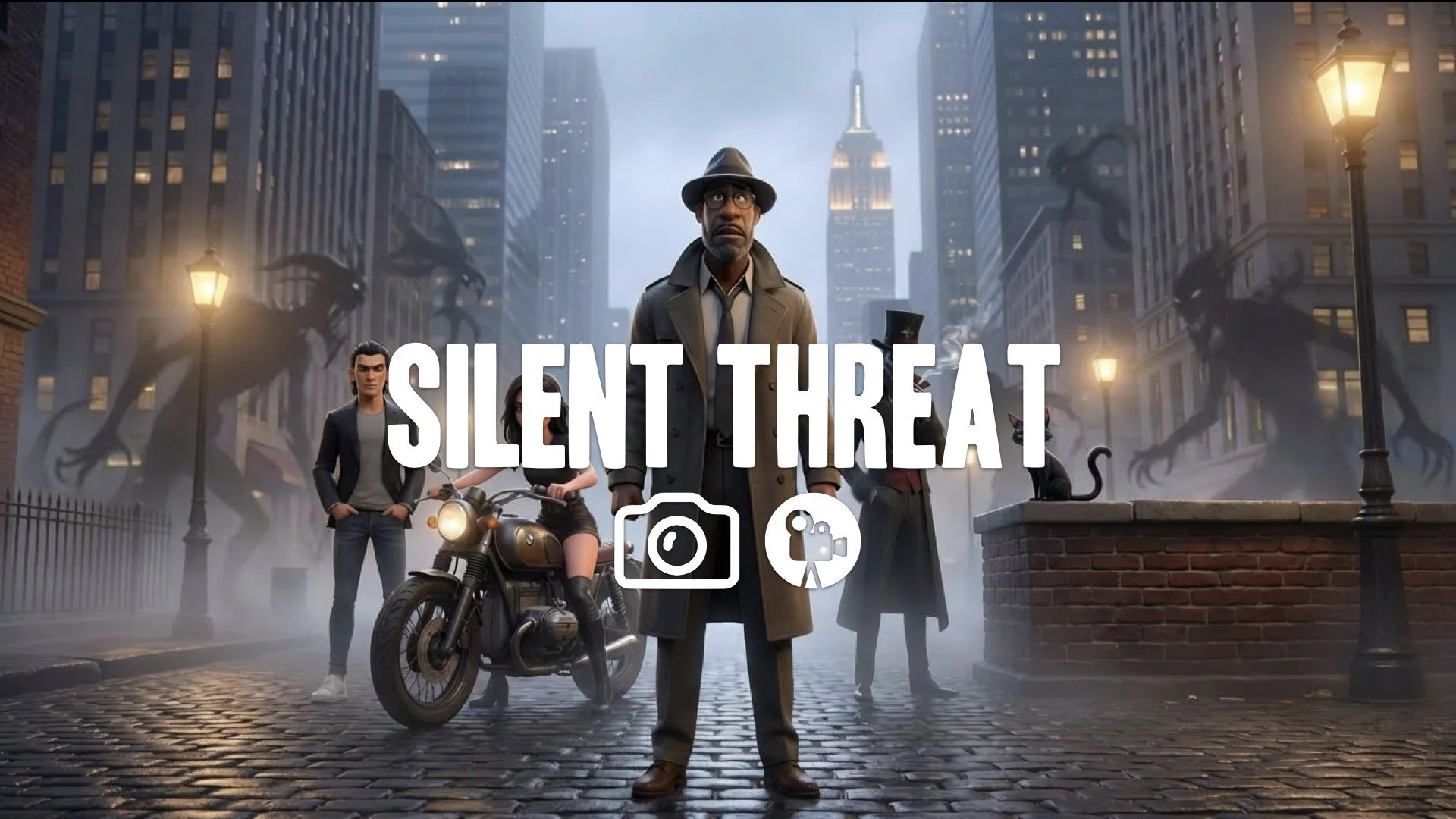  “Keep the character and style. Add an ominous presence hinted only by distorted shadows or faint movement behind them. No music ”