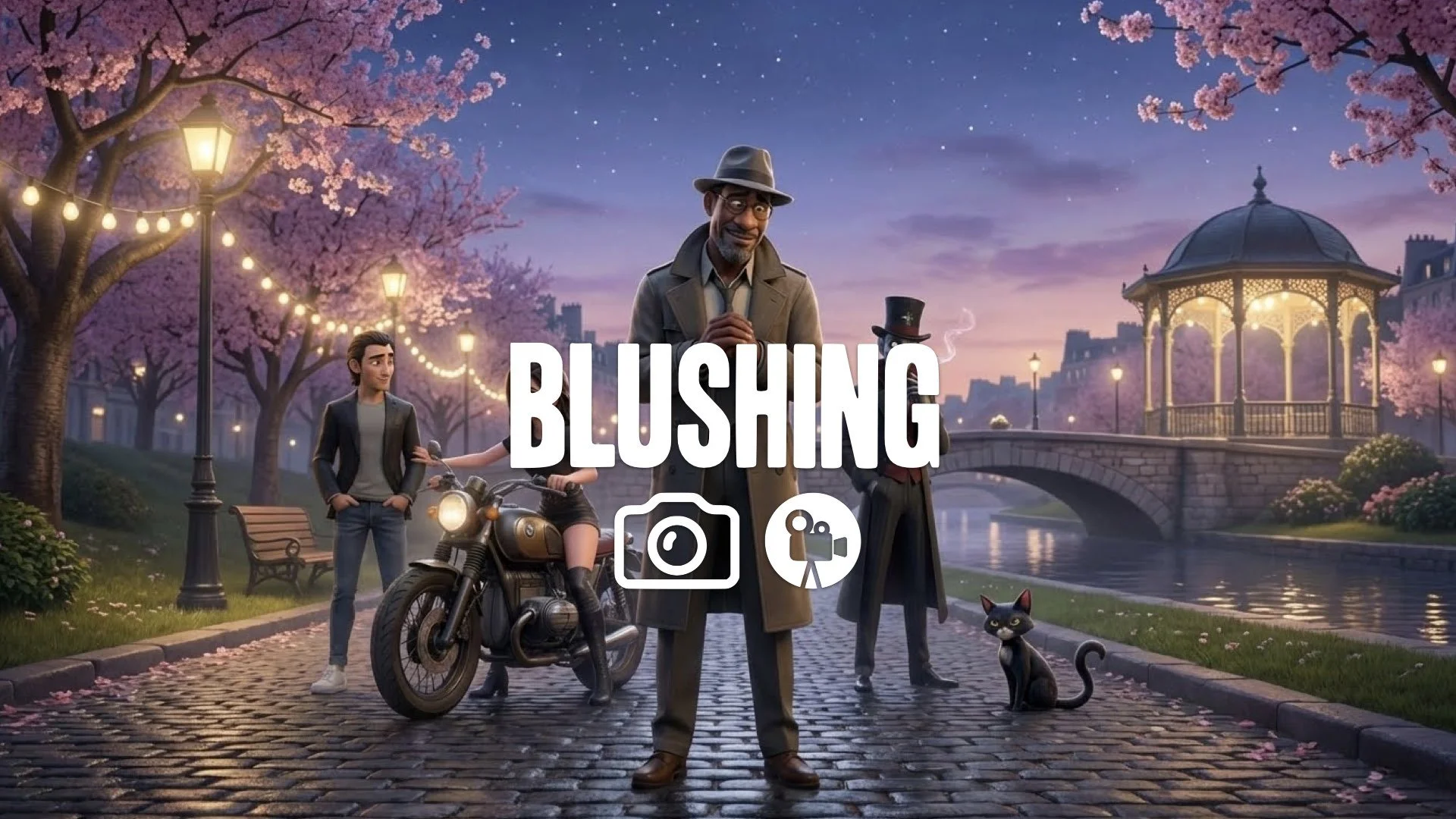 “Keep the character and style. Adjust their pose to show shyness or a tender smile, as if they’ve just bumped into someone they adore. Add a romantic backdrop. No music.”