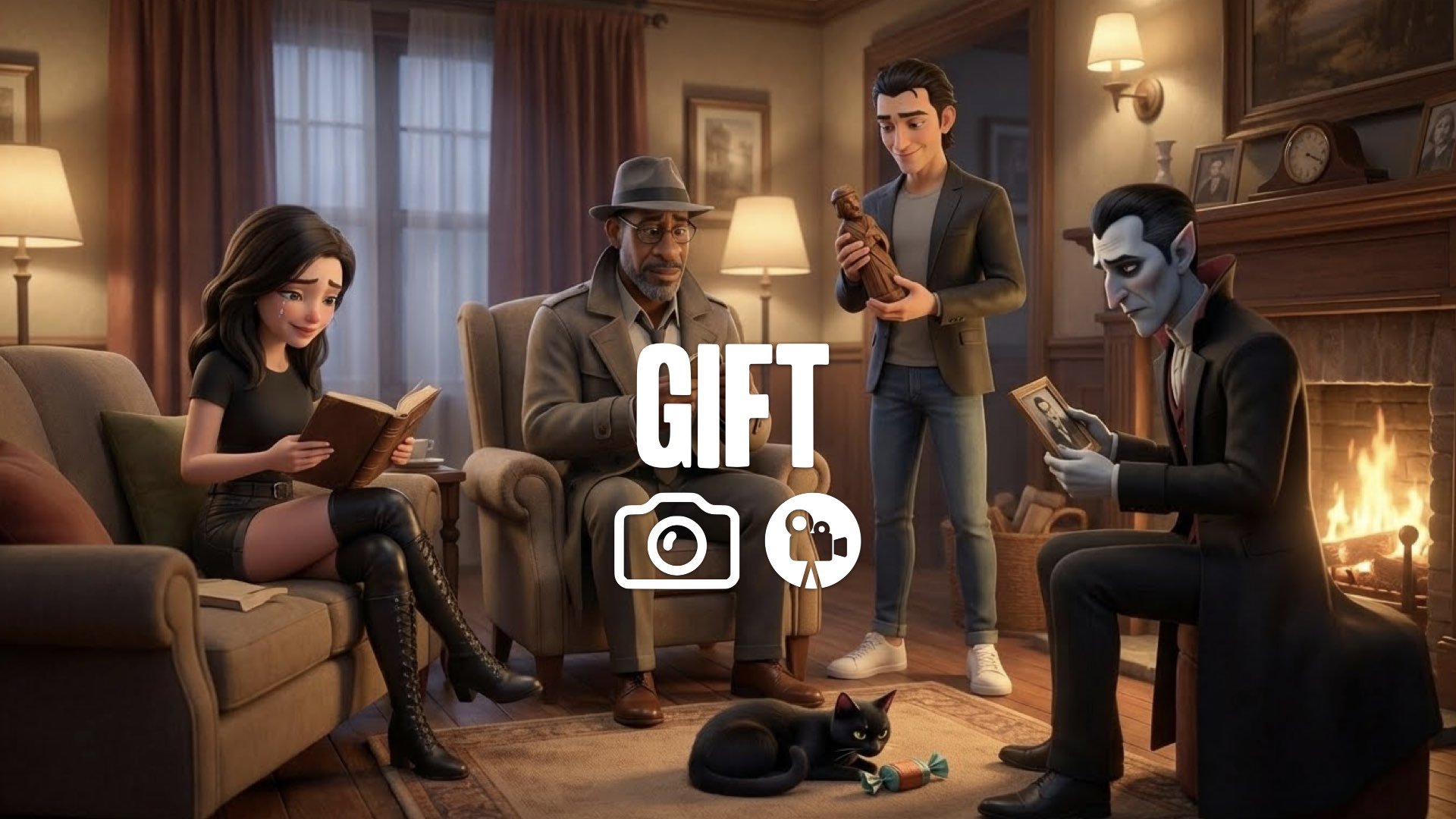 “Keep the character and style. Repose them holding a small sentimental gift with a soft emotional reaction. Add a cozy environment. No music.”