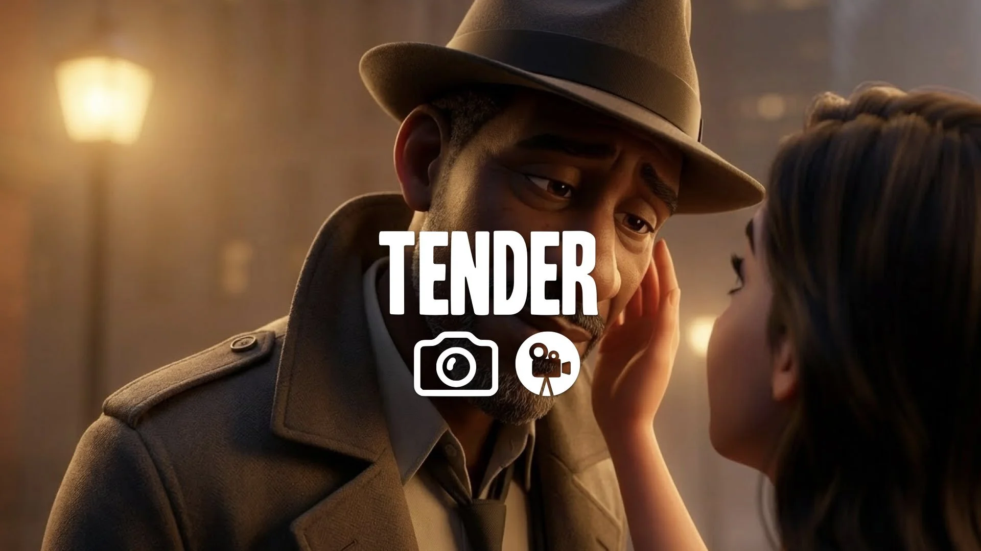 “Keep the character and style. Tilt their head and shoulders as if someone is whispering something loving to them. Add intimate, close lighting. No music.”