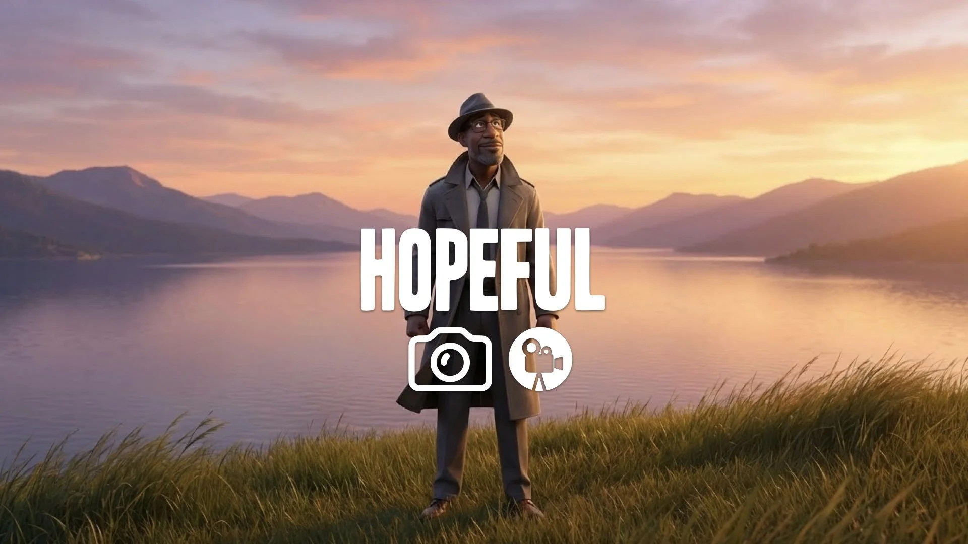 “Keep the character and style. Shift their pose to face the horizon with a hopeful, dreamy expression. Add a serene, romantic backdrop. No music.”