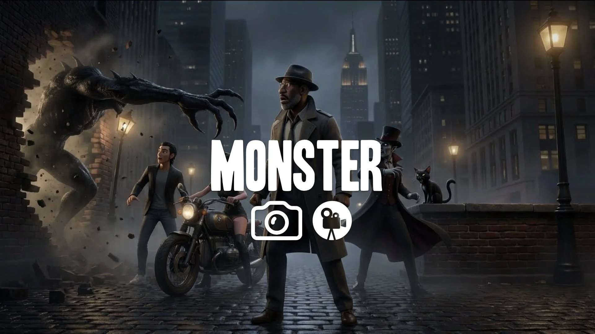 “Keep the character and style. Reposition them to be turning sharply toward a massive creature emerging from the side of the frame. Add tension and darkness. No music.”