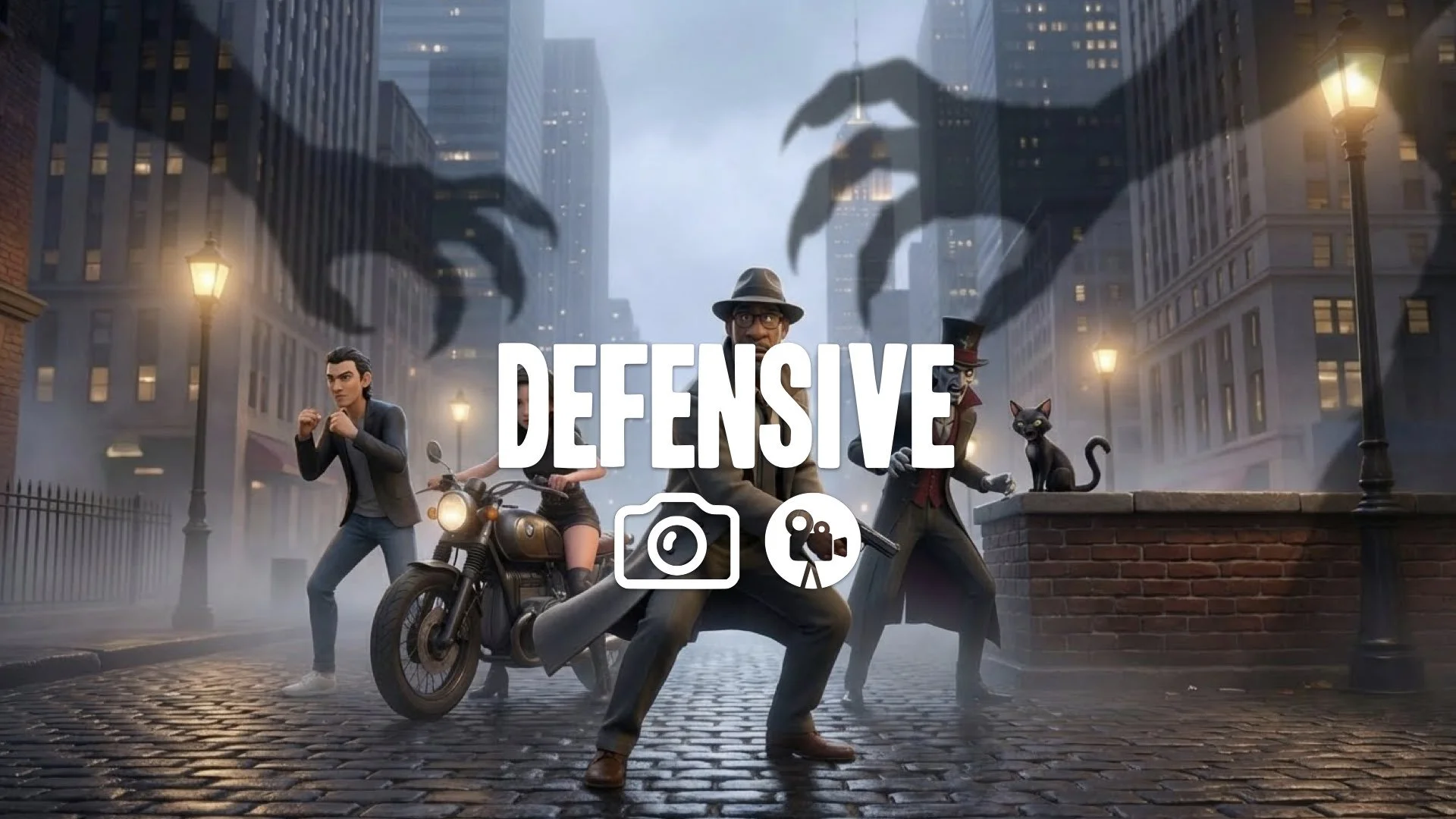 “Keep the character and style. Shift their pose into a defensive posture, bracing against an unseen monster’s approach. Add looming shadows. No music.”