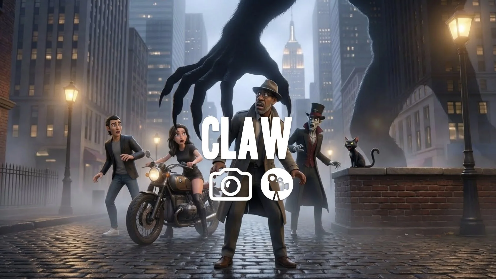 “Keep the character and style. Repose them reacting in shock as a huge clawed silhouette appears behind them, touching their shoulder lightly. No graphic gore. No music.”