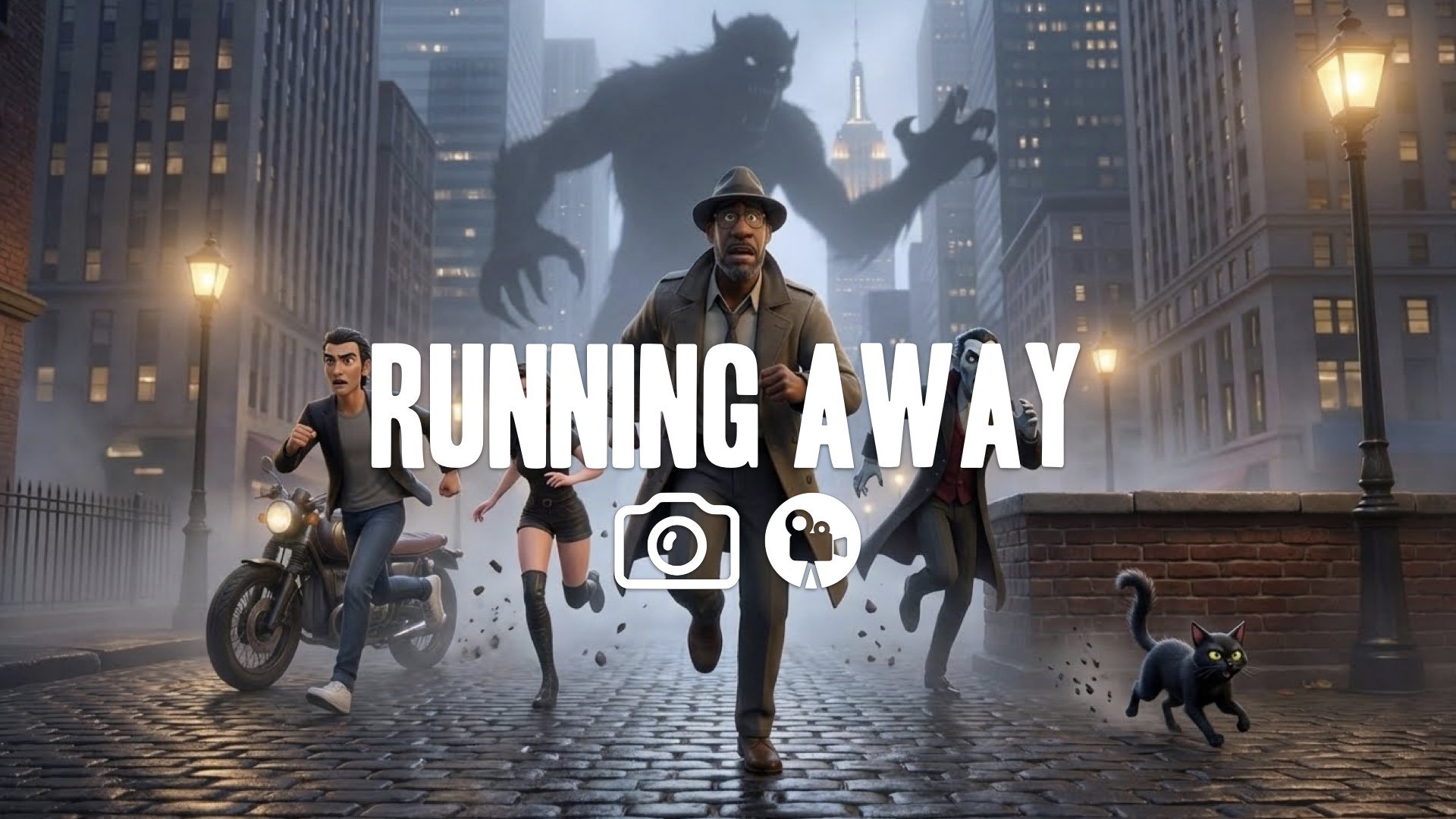 “Keep the character and style. Change their pose into a dynamic sprint, fleeing a giant creature shadow in the background. No music.”