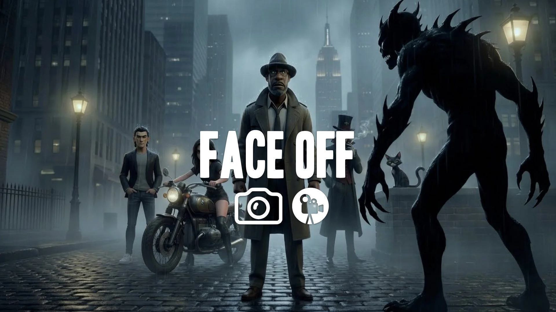 “Keep the character and style. Position them standing firm, staring down a huge monstrous silhouette just meters away. Add intense atmosphere. No music.”