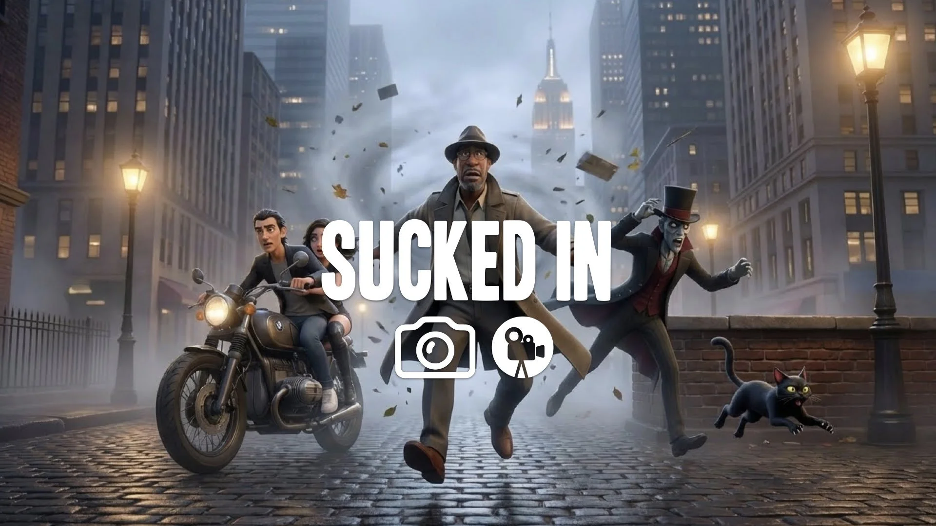 “Keep the character and style. Adjust their pose so they are slightly levitated or dragged backward by an unseen monster pulling from behind. No music.”