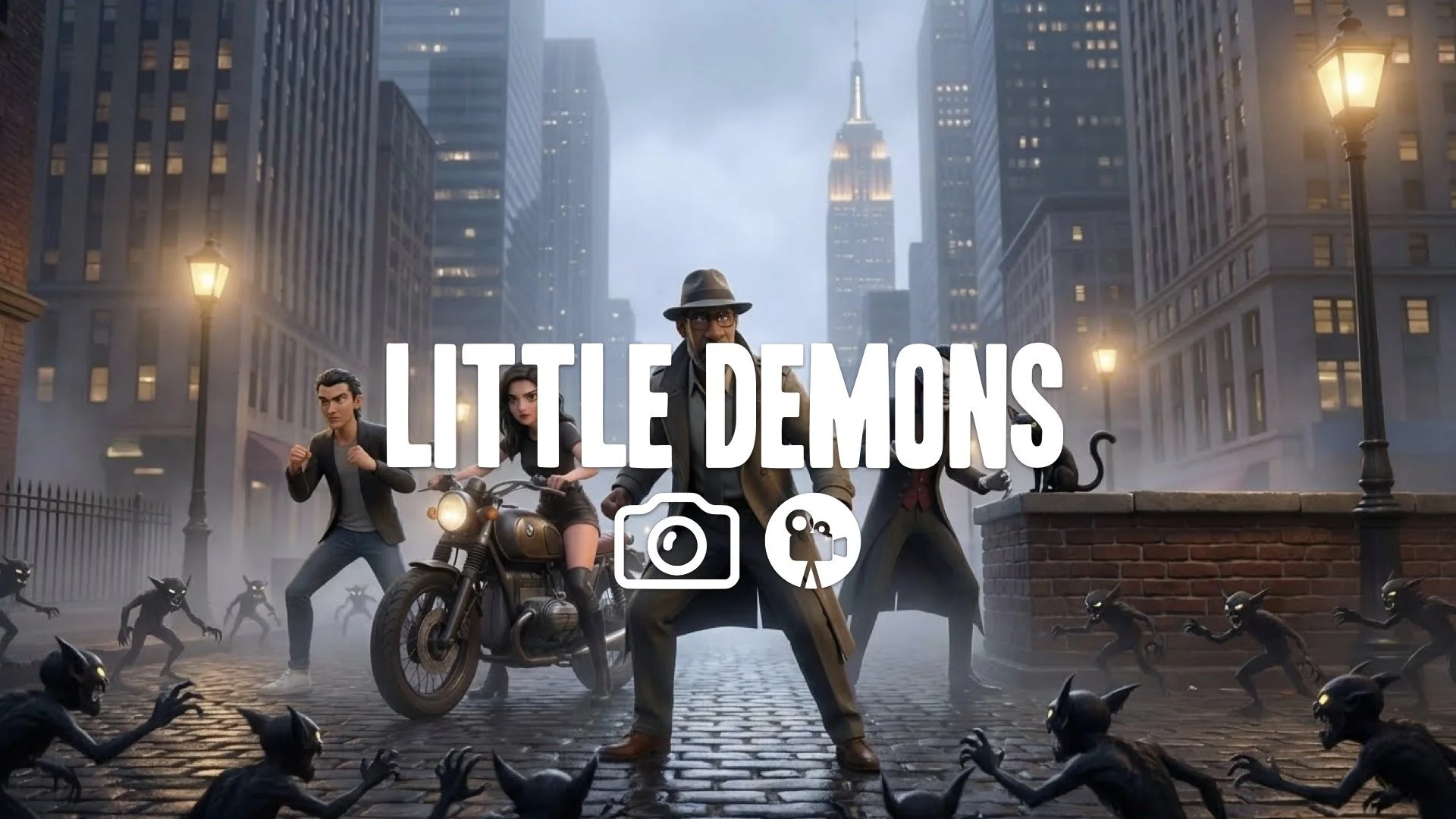 “Keep the character and style. Pose them tense and ready as small monstrous shapes circle around from the floor and walls. No music.”