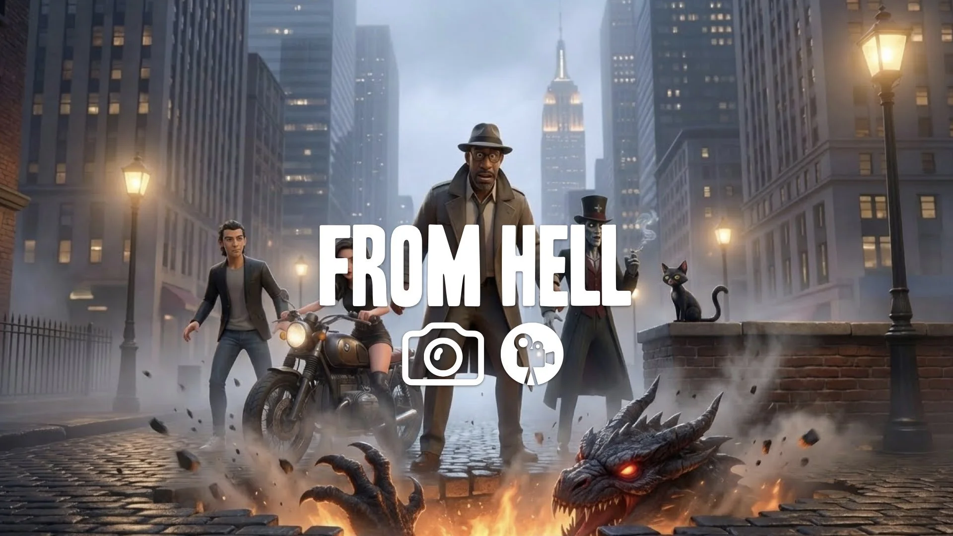 “Keep the character and style. Reposition them stepping backward as the floor cracks open and a monstrous form begins to rise beneath them. No music.”