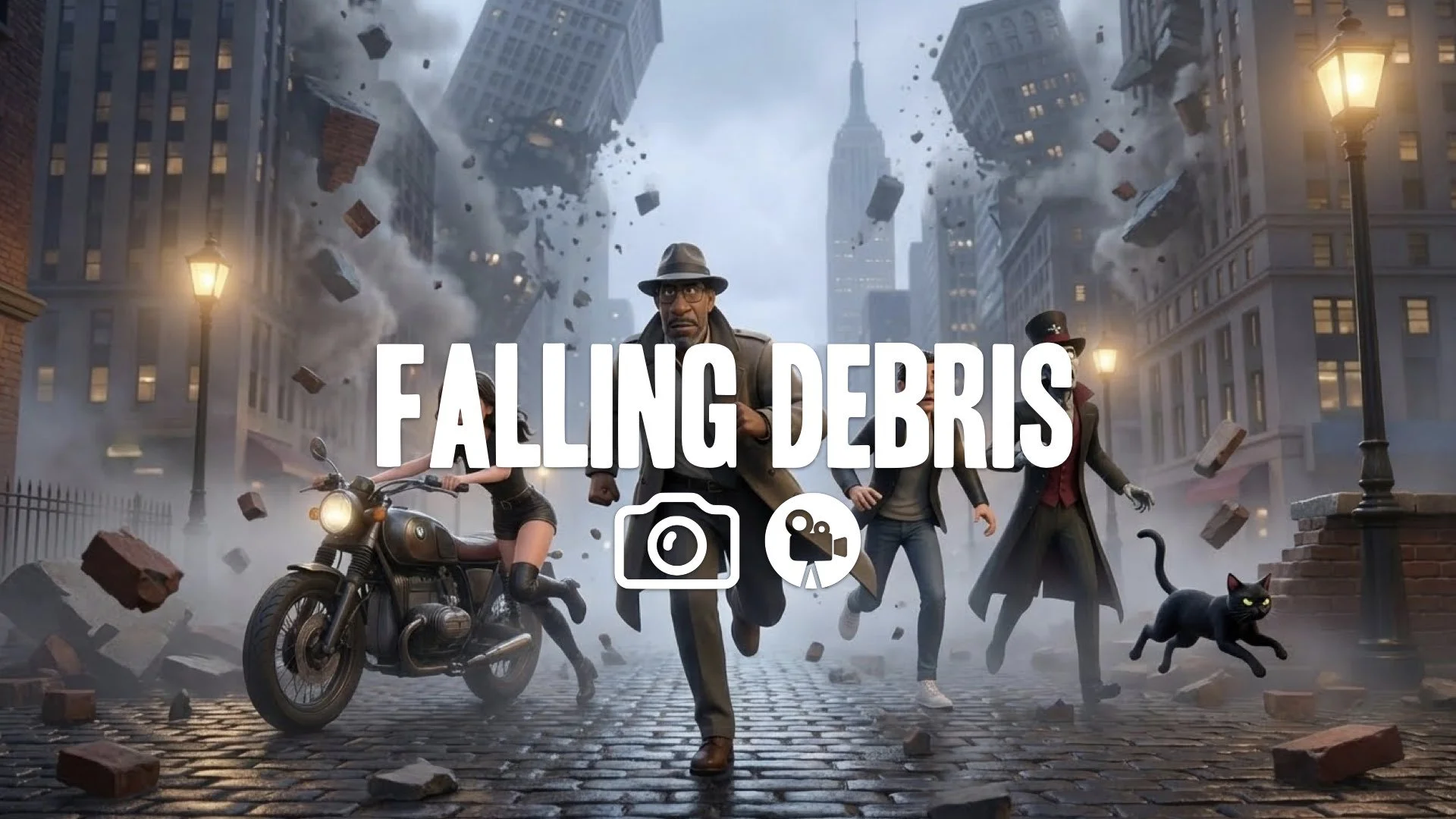 “Keep the character and style. Change their pose into a run, dodging chunks of collapsing structures raining down. No music.”