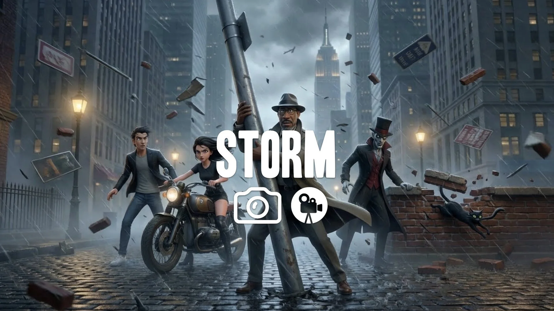 “Keep the character and style. Repose them gripping a pole or object while hurricane winds and debris tear the environment apart. No music.”