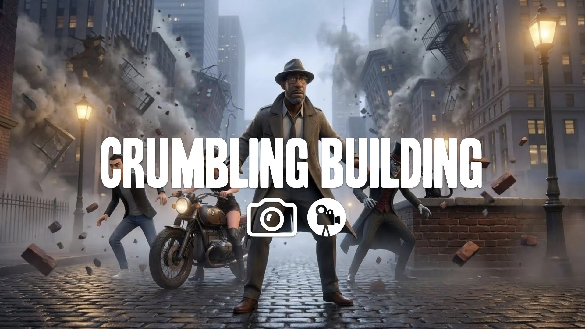 “Keep the character and style. Adjust their stance so they balance on unstable ground as walls fall around them. No music.”