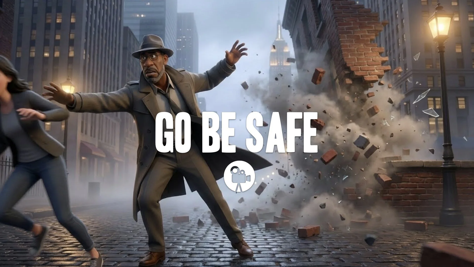 “Keep the character and style. Repose them extending an arm to push someone out of harm’s way as destruction unfolds. No music.”