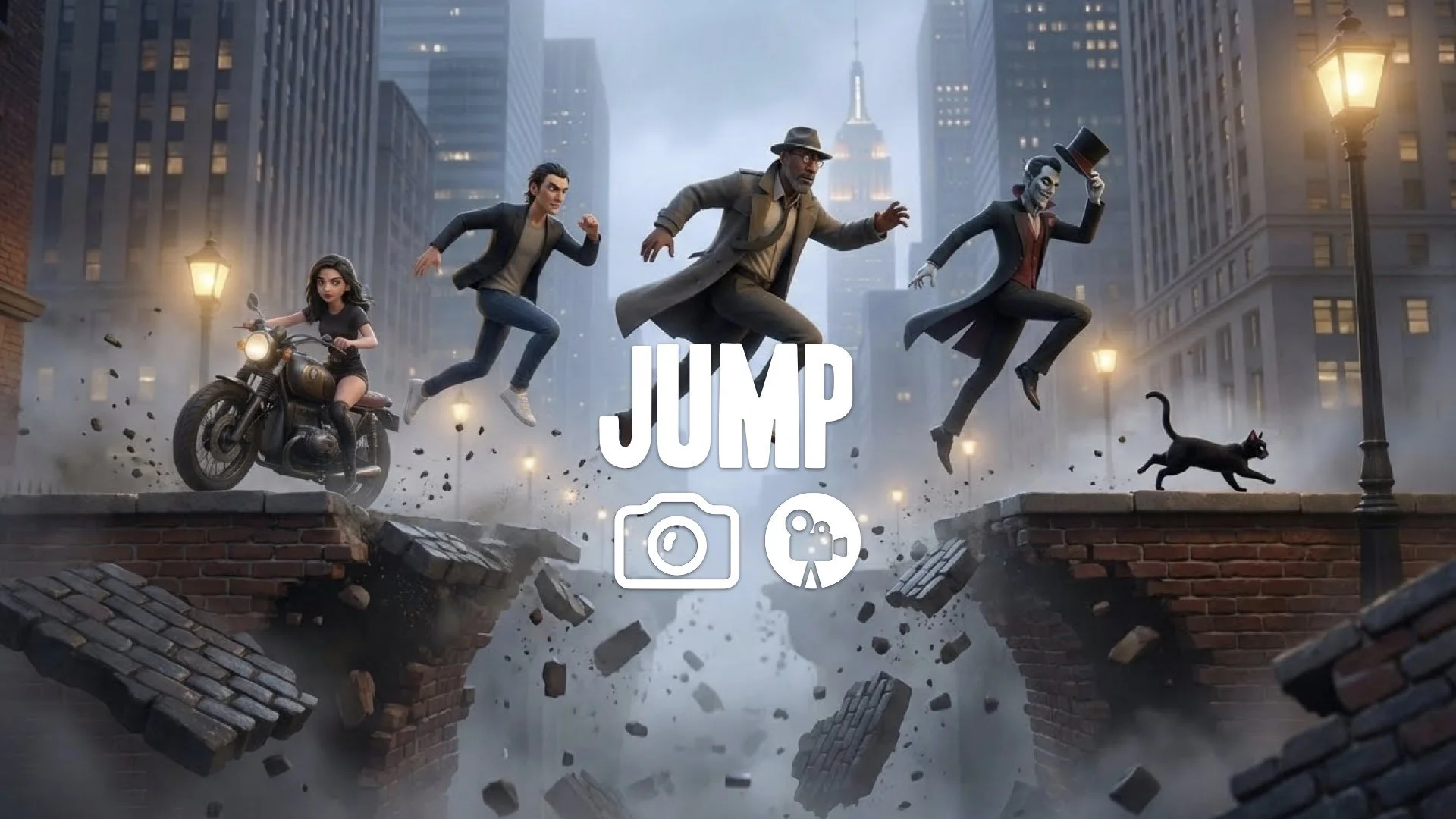 “Keep the character and style. Repose them mid-air leaping across a collapsing platform or broken street. No music.”