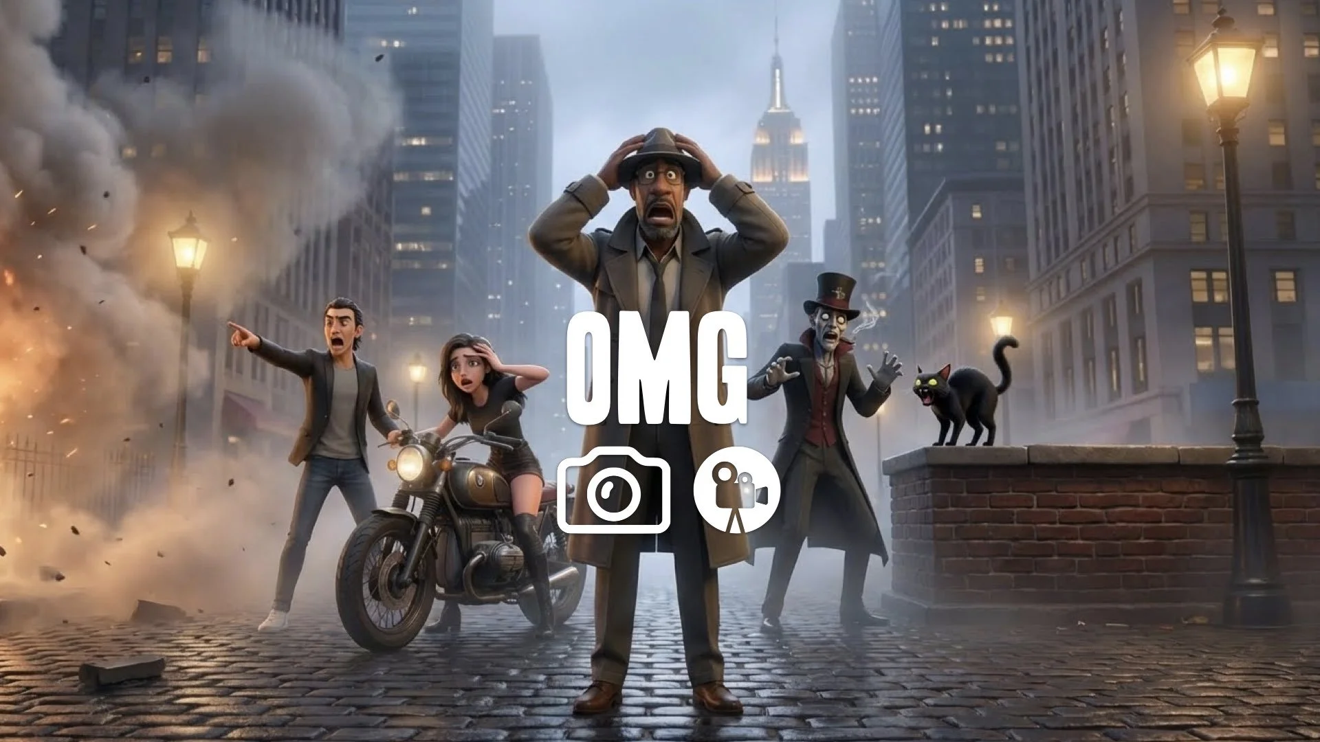 “Keep the character and style. Change their expression and posture to react to massive destruction happening just off-screen. No music.”