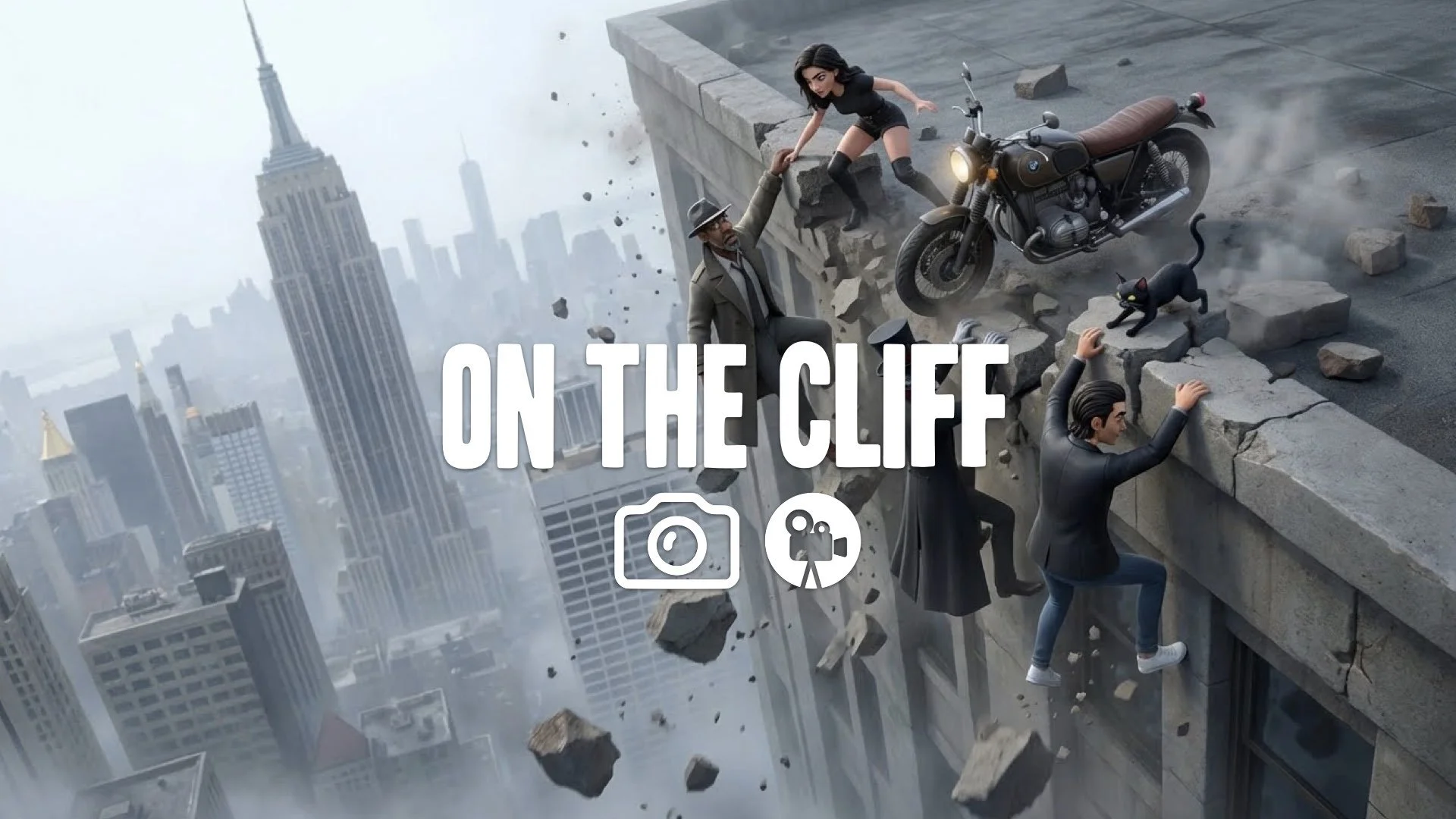 “Keep the character and style. Pose them gripping the edge of a building or cliff that is crumbling under their hands. No music.”